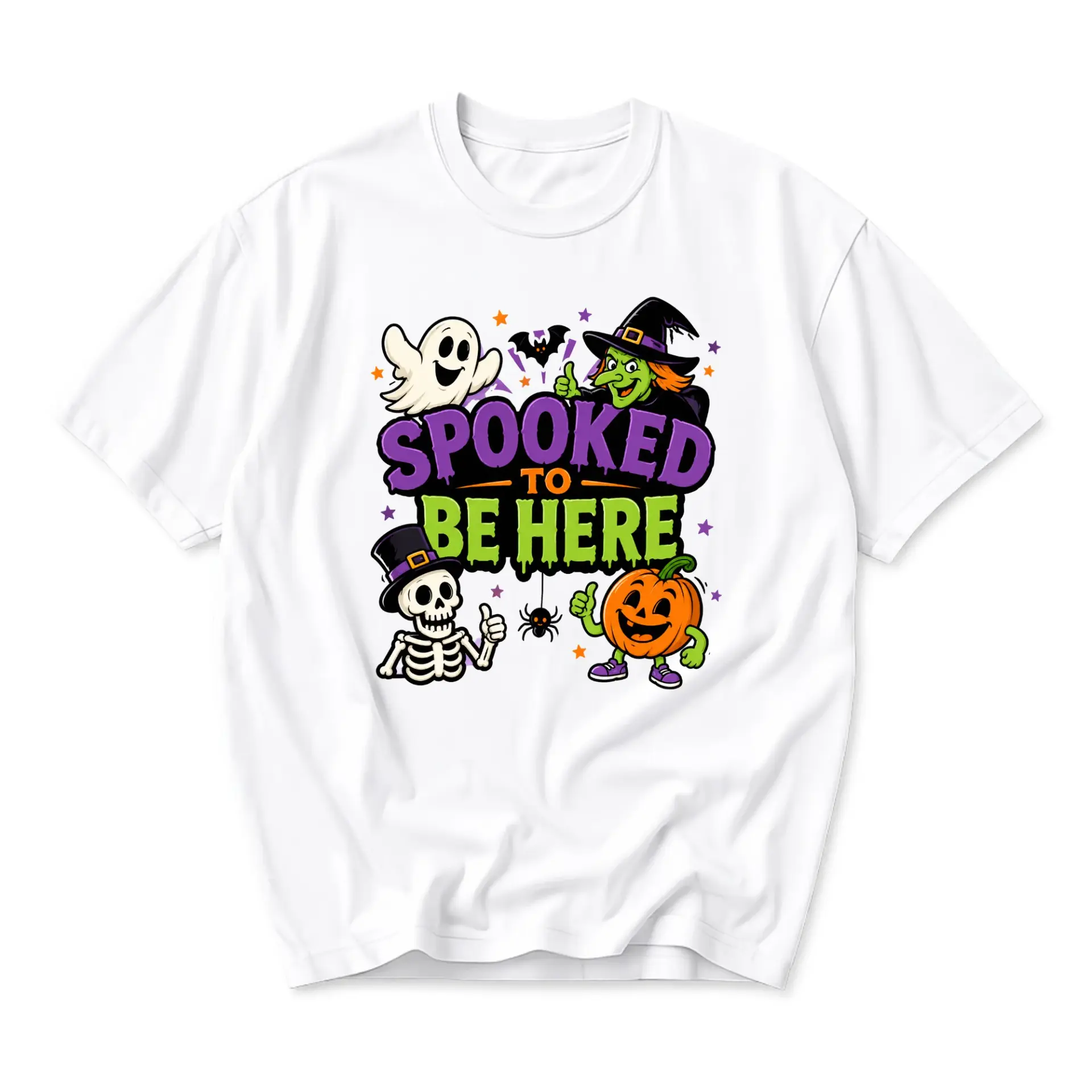 Funny Shirt Spooked to Be Here Halloween Graphic Tee Unisex Casual Crew Neck Holiday Costume Apparel for Adults