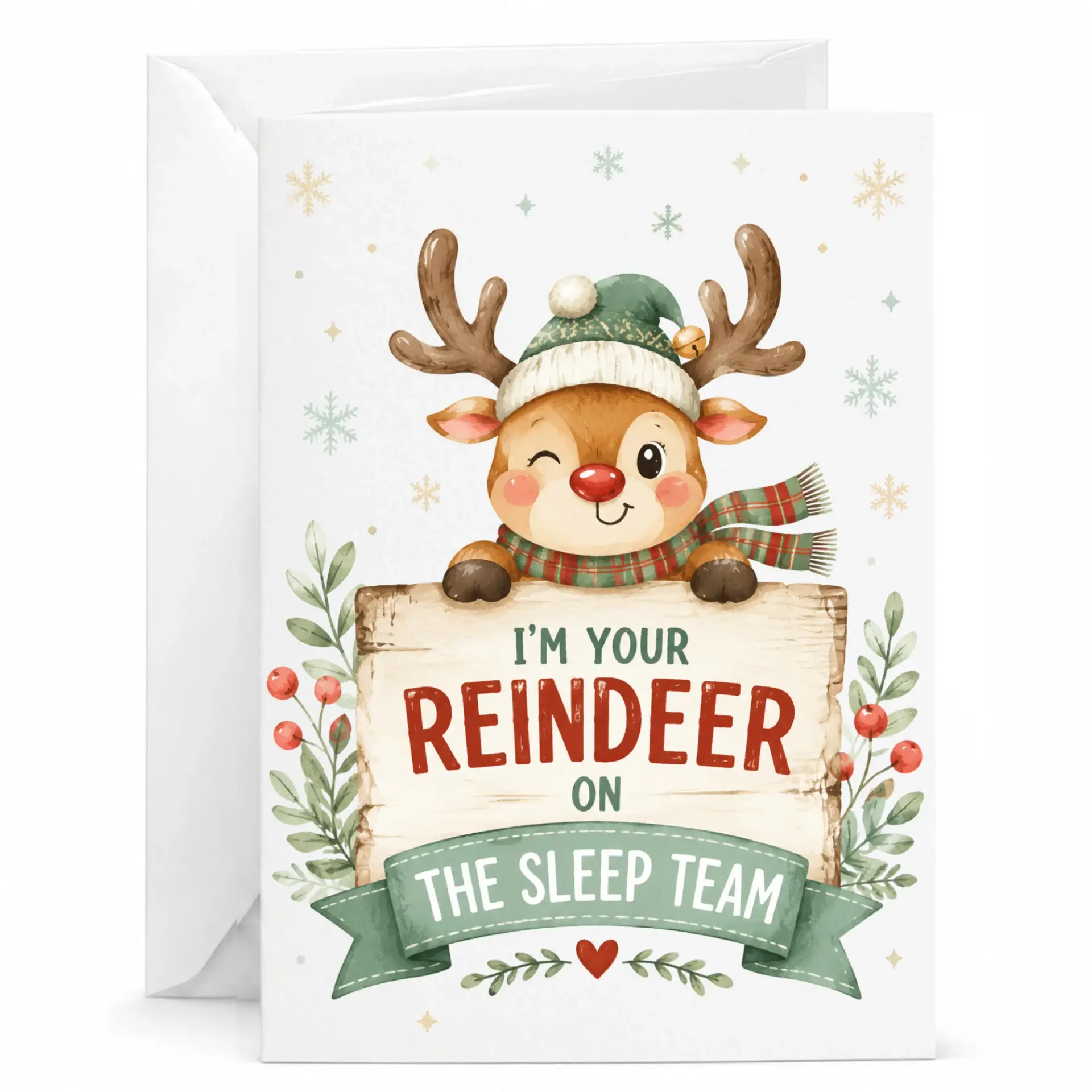 Funny Reindeer Sleep Team Greeting Card Holiday Card for Friends and Family with Matching White Envelope 5x7 Inches