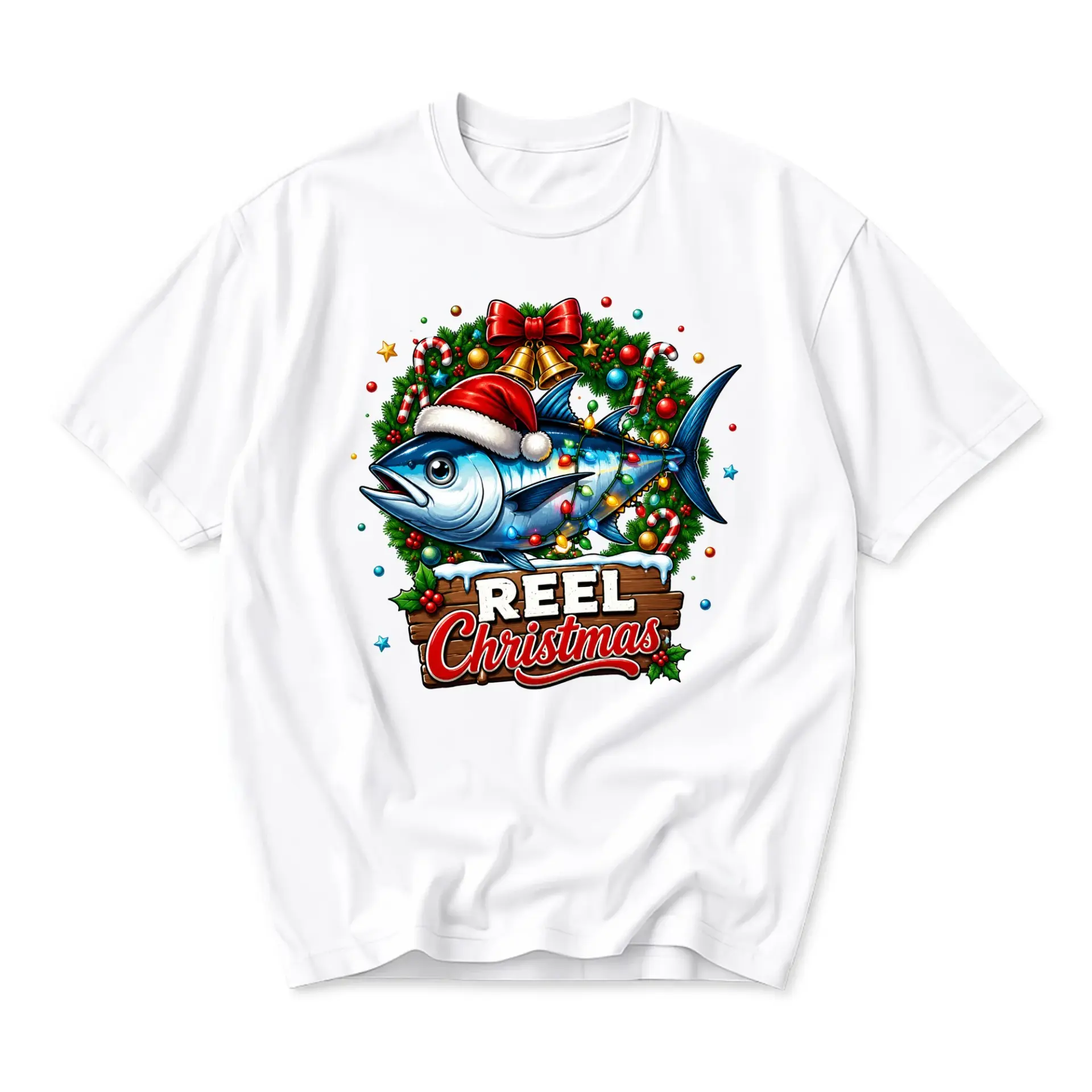 Funny Shirt Reel Christmas Fishing Graphic Tee Holiday Season Sport Unisex Crew Neck Cotton T-Shirt