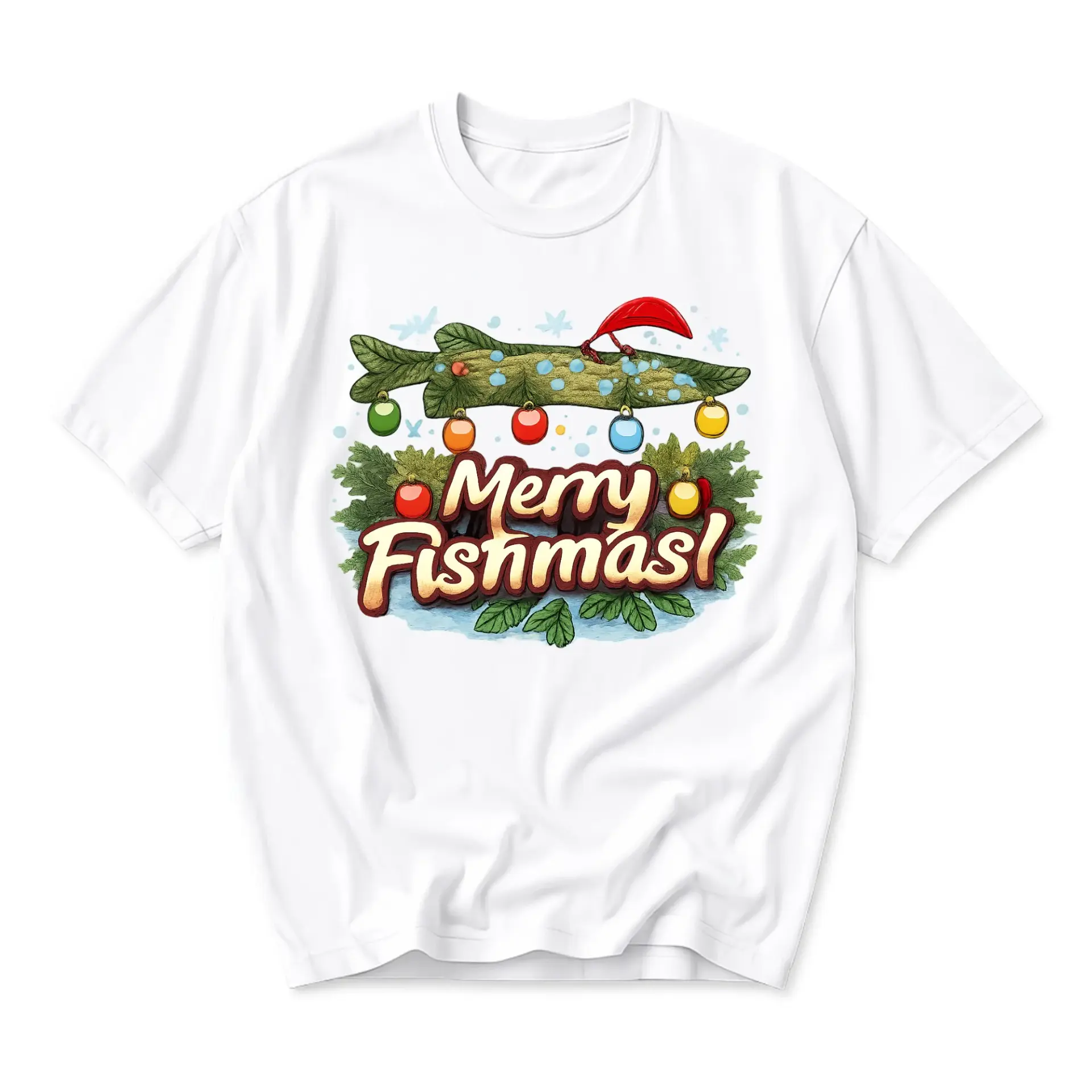 Funny Shirt Merry Fishmas Graphic Tee Holiday Fishing Themed Unisex Casual