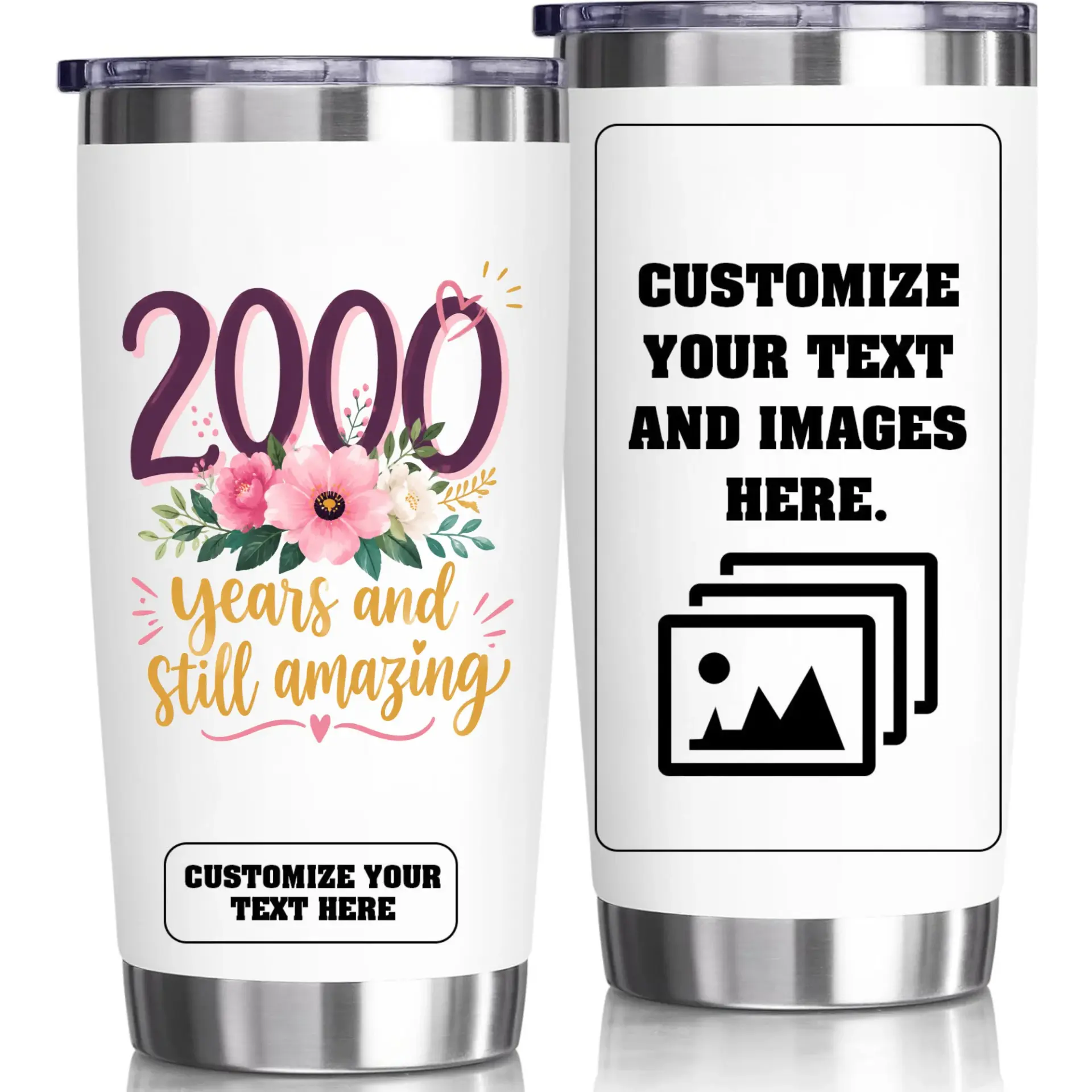 Stainless Steel Tumbler 20oz Floral Anniversary Design Personalized Insulated Travel Mug for Hot and Cold Beverages