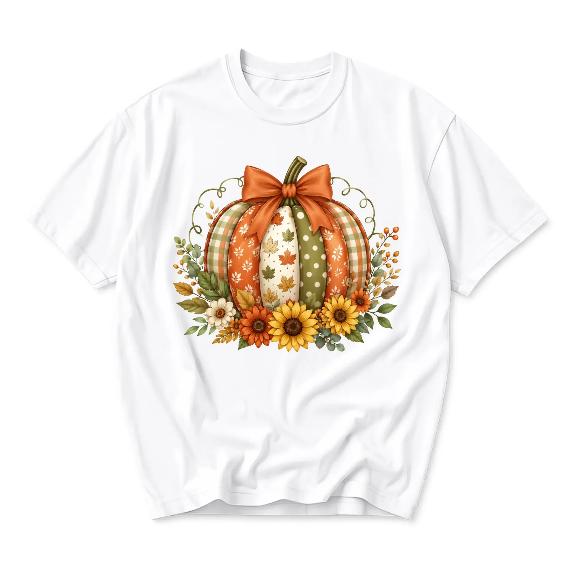 Graphic Tee Autumn Pumpkin with Sunflowers Design Unisex Short Sleeve Cotton Crew Neck Everyday Casual Seasonal Shirt