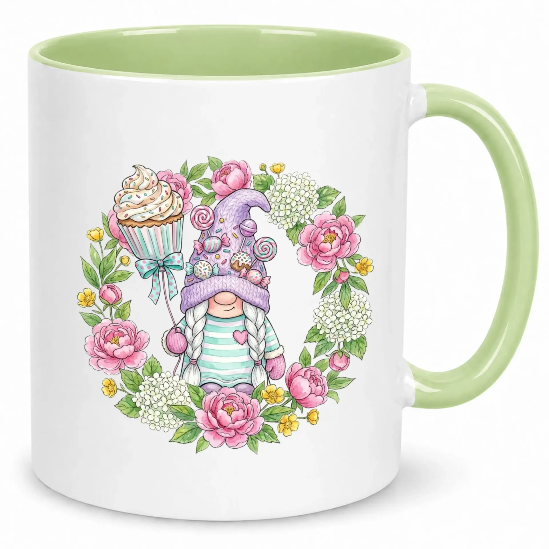 Cute Gnome with Cupcake Balloon Ceramic Coffee Mug, Floral Wreath Design Sweet Dessert Themed Drinkware for Home Office Gift