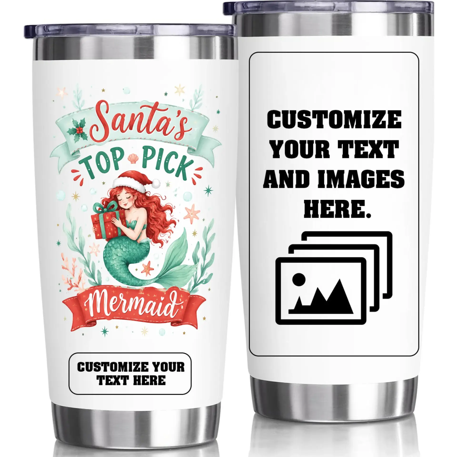 Stainless Steel Tumbler Mermaid Christmas Gift Custom 20oz Insulated Travel Cup with Lid for Hot or Cold Beverages