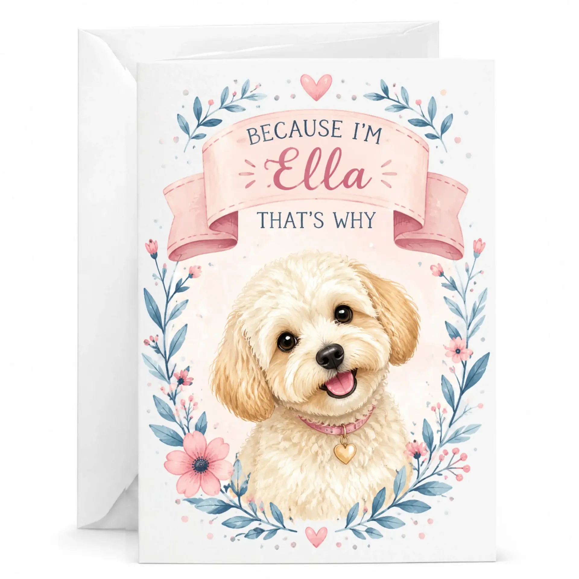 Funny Greeting Card Because I Am Ella That Is Why Featuring Cute Puppy Artwork and Floral Decorative Wreath Design