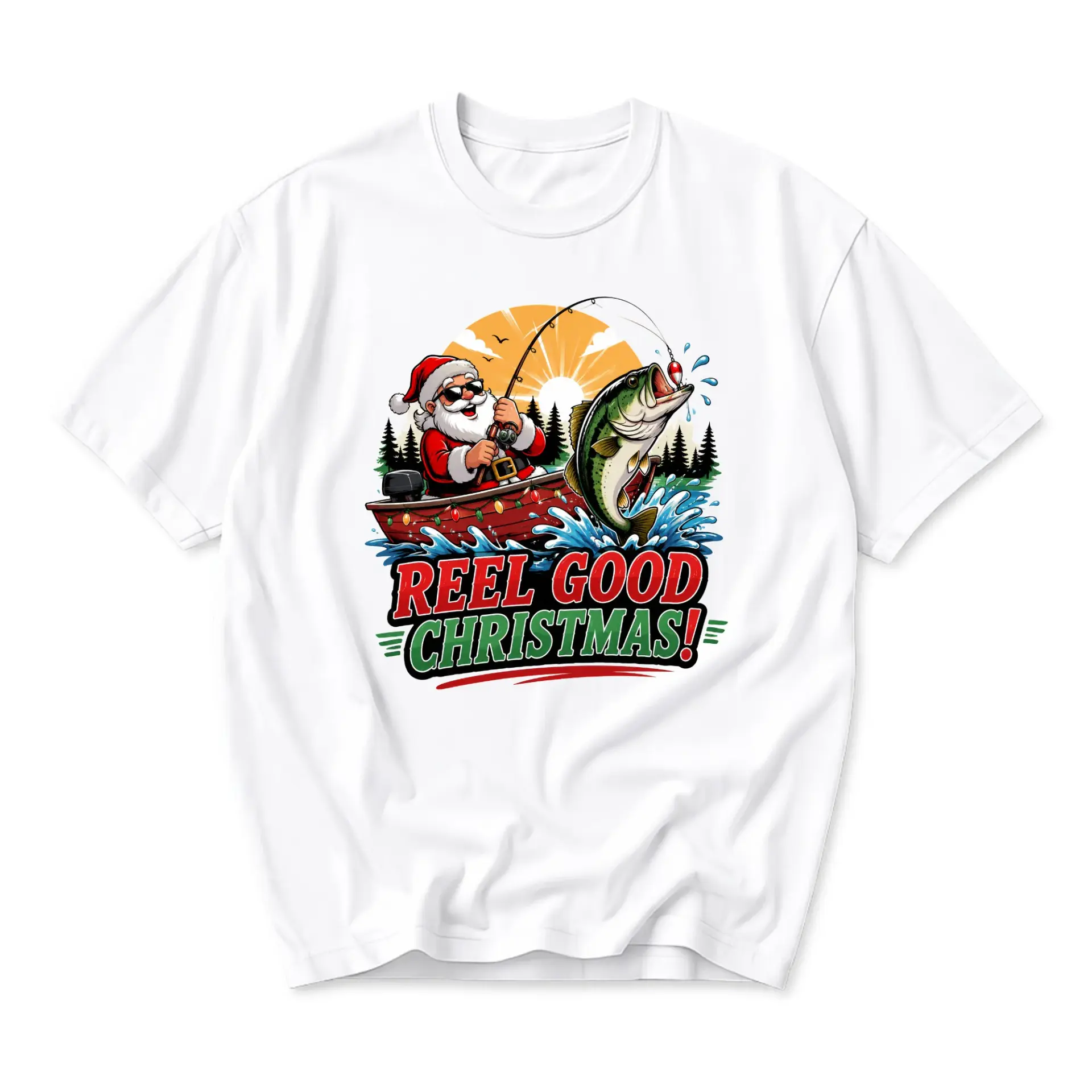 Graphic Tee Reel Good Christmas Fishing Santa Unisex Crew Neck Shirt