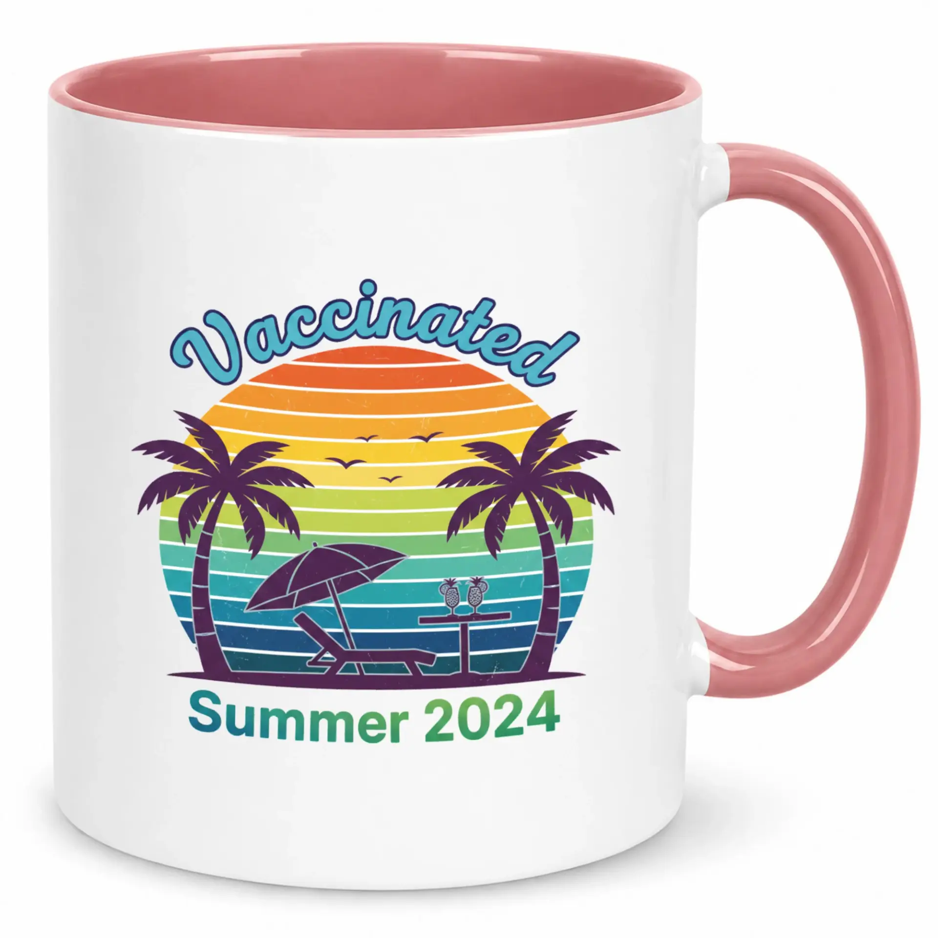 Funny Vaccinated Summer 2024 Coffee Mug for Vacation Enthusiasts, Retro Sunset Palm Tree Beach Themed White Ceramic Drinkware