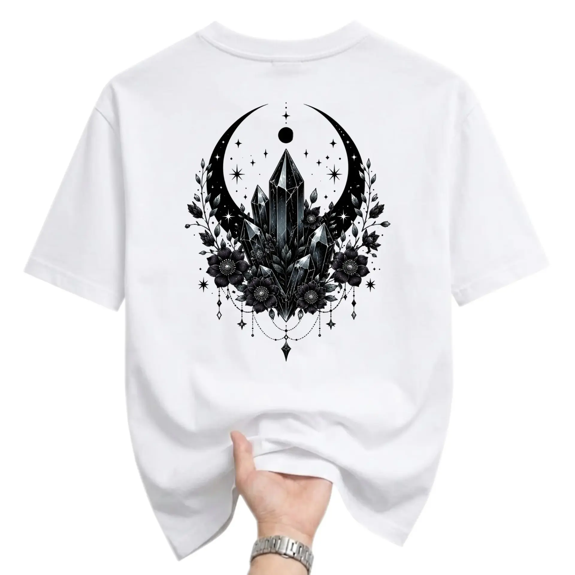 Graphic Tee Celestial Crystal Moon Floral Art Print Unisex Crew Neck Shirt for Casual Everyday Wear and Self Expression