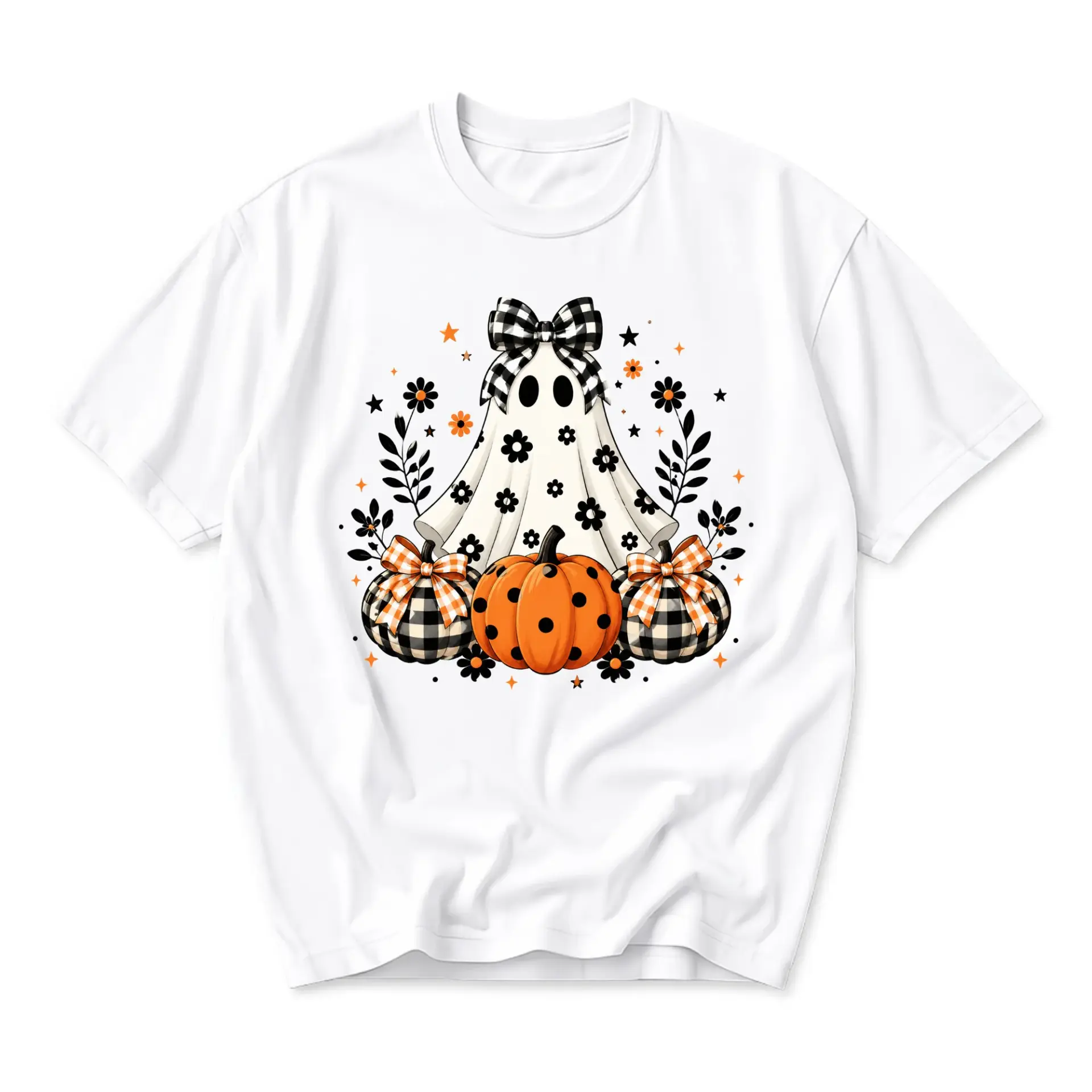 T-shirt Graphic Tee Featuring Cute Ghost with Floral Pattern and Decorative Plaid Bows Alongside Fall Pumpkins
