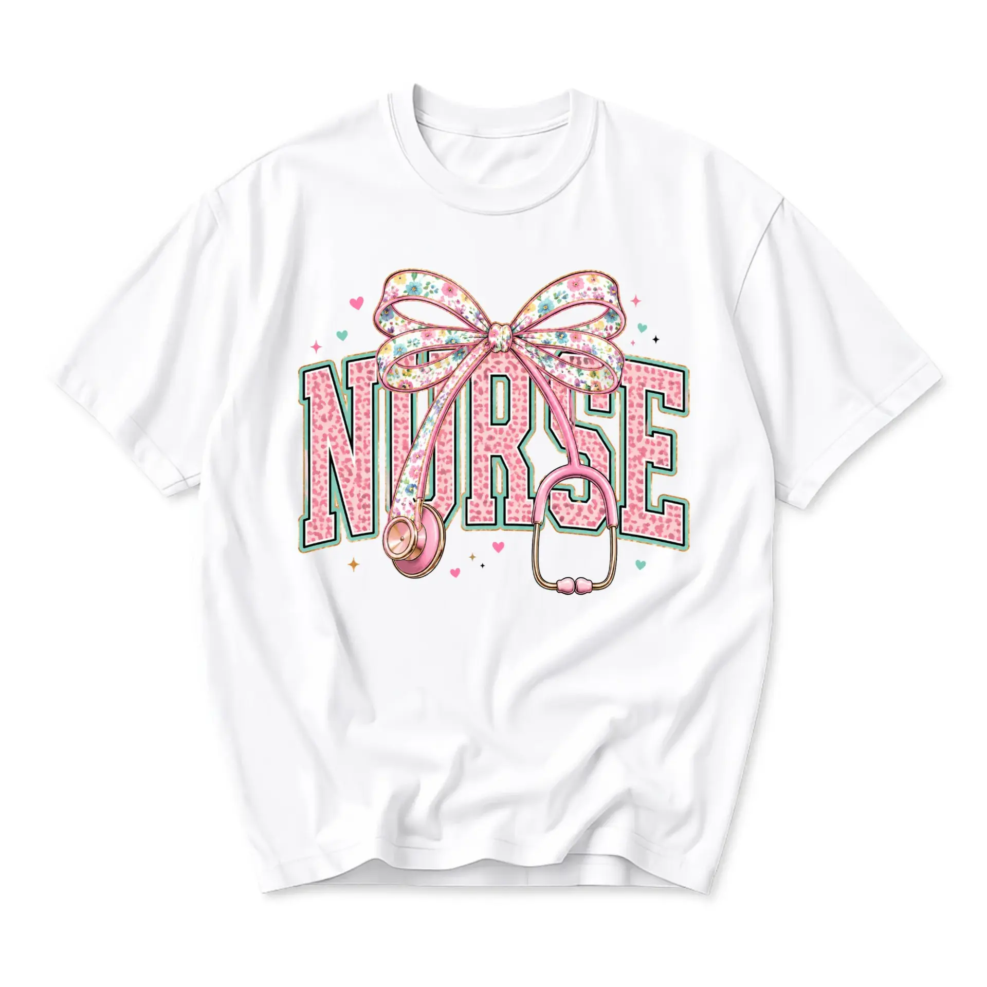 Graphic Tee Unisex Crew Neck T-Shirt with Pink Nurse Print and Floral Bow Stethoscope Design for Casual Everyday Wear