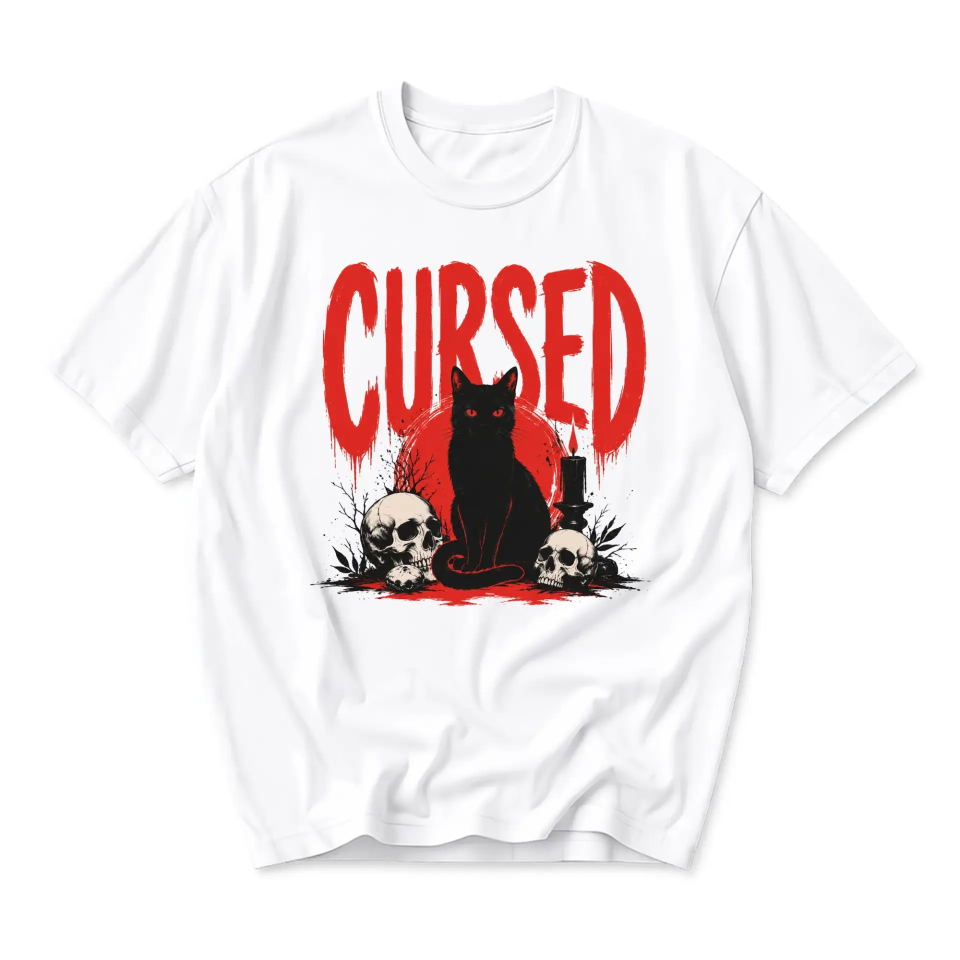 Graphic Tee Cursed Black Cat Gothic Skull Design Unisex Crew Neck Short Sleeve Shirt for Casual Everyday Apparel