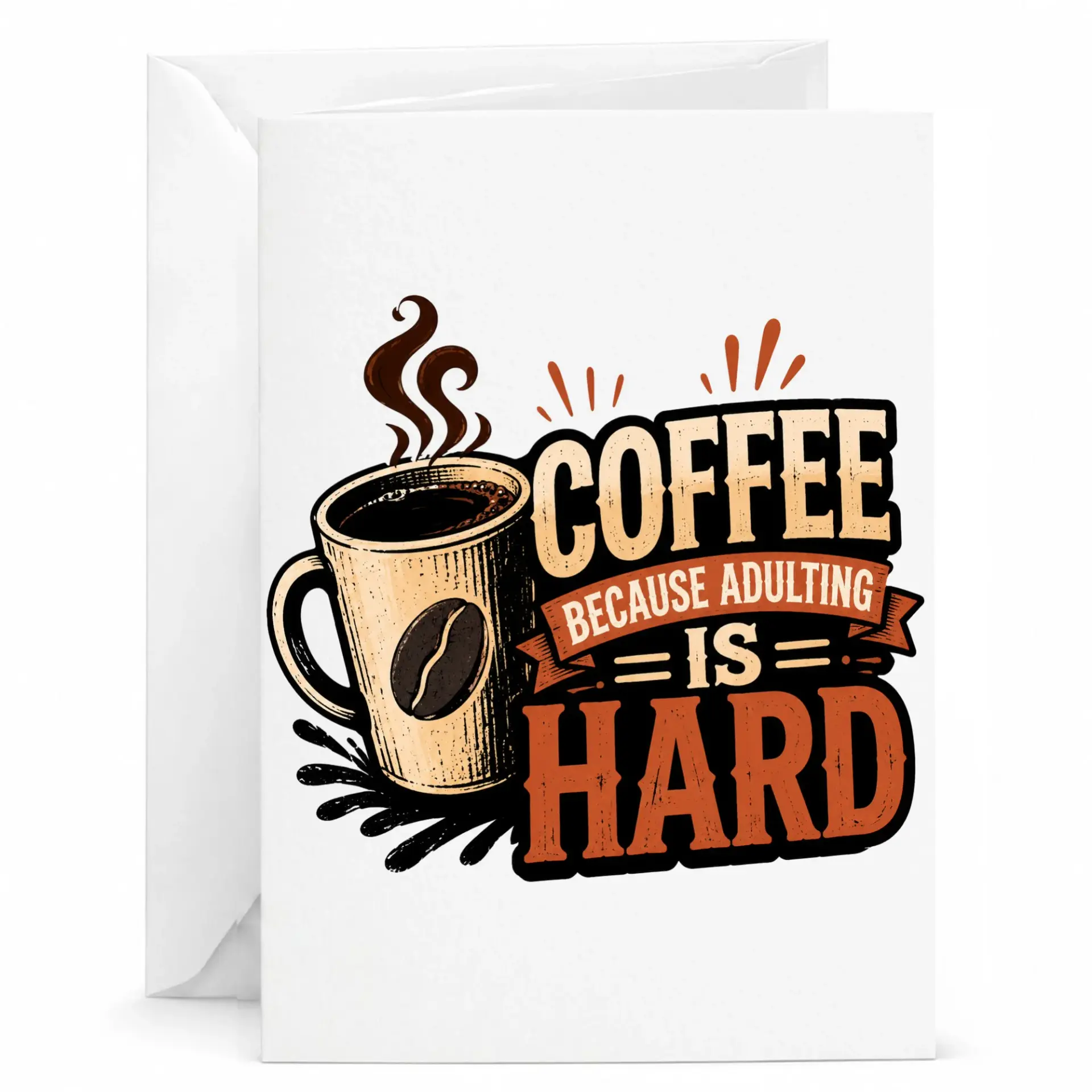 Funny Coffee Greeting Card Because Adulting Is Hard Humorous Caffeine Lovers Design 5x7 Folded Note with White Envelope