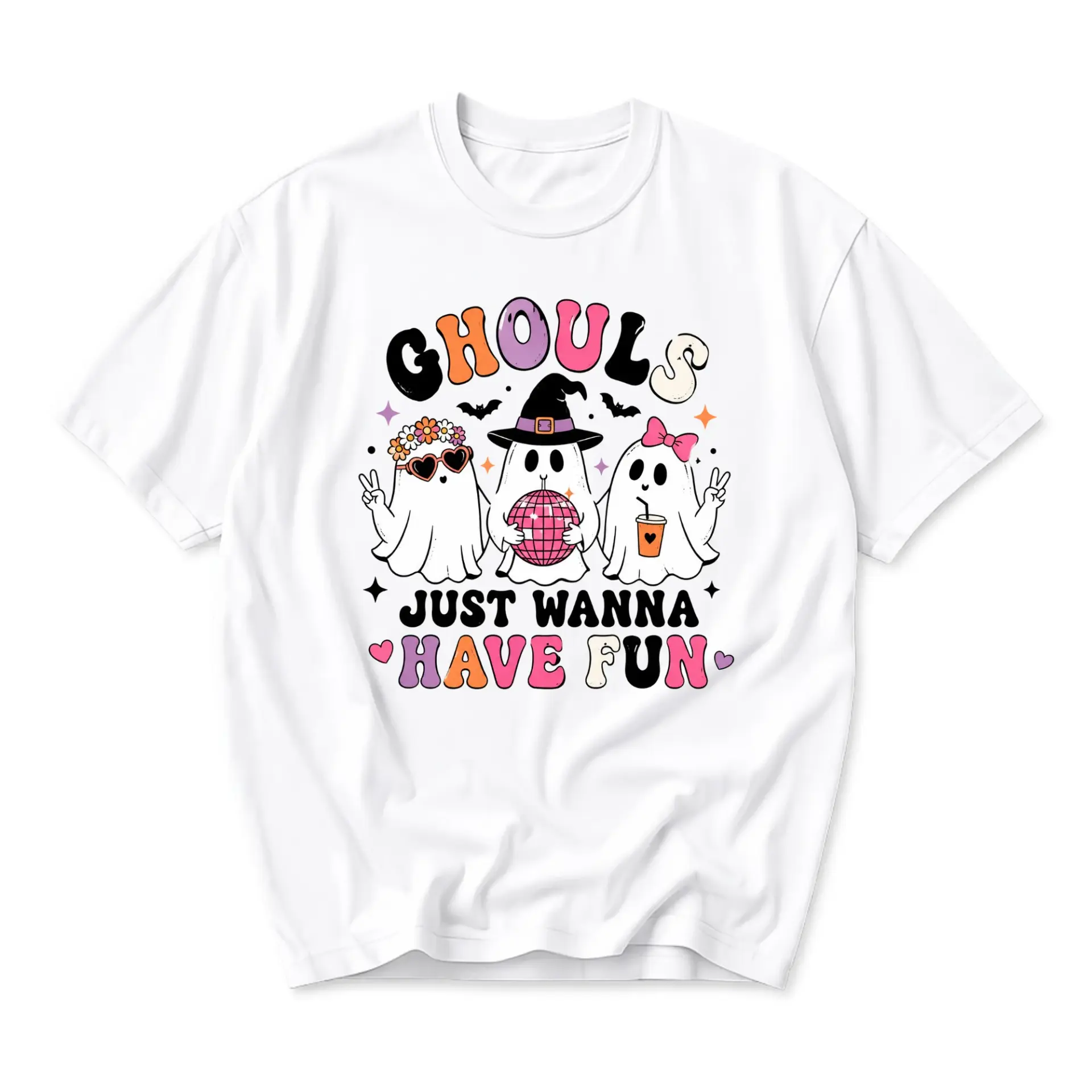 Graphic Tee Ghouls Just Wanna Have Fun Ghost Shirt for Casual Wear Retro Spooky Aesthetic Unisex Crew Neck T-Shirt