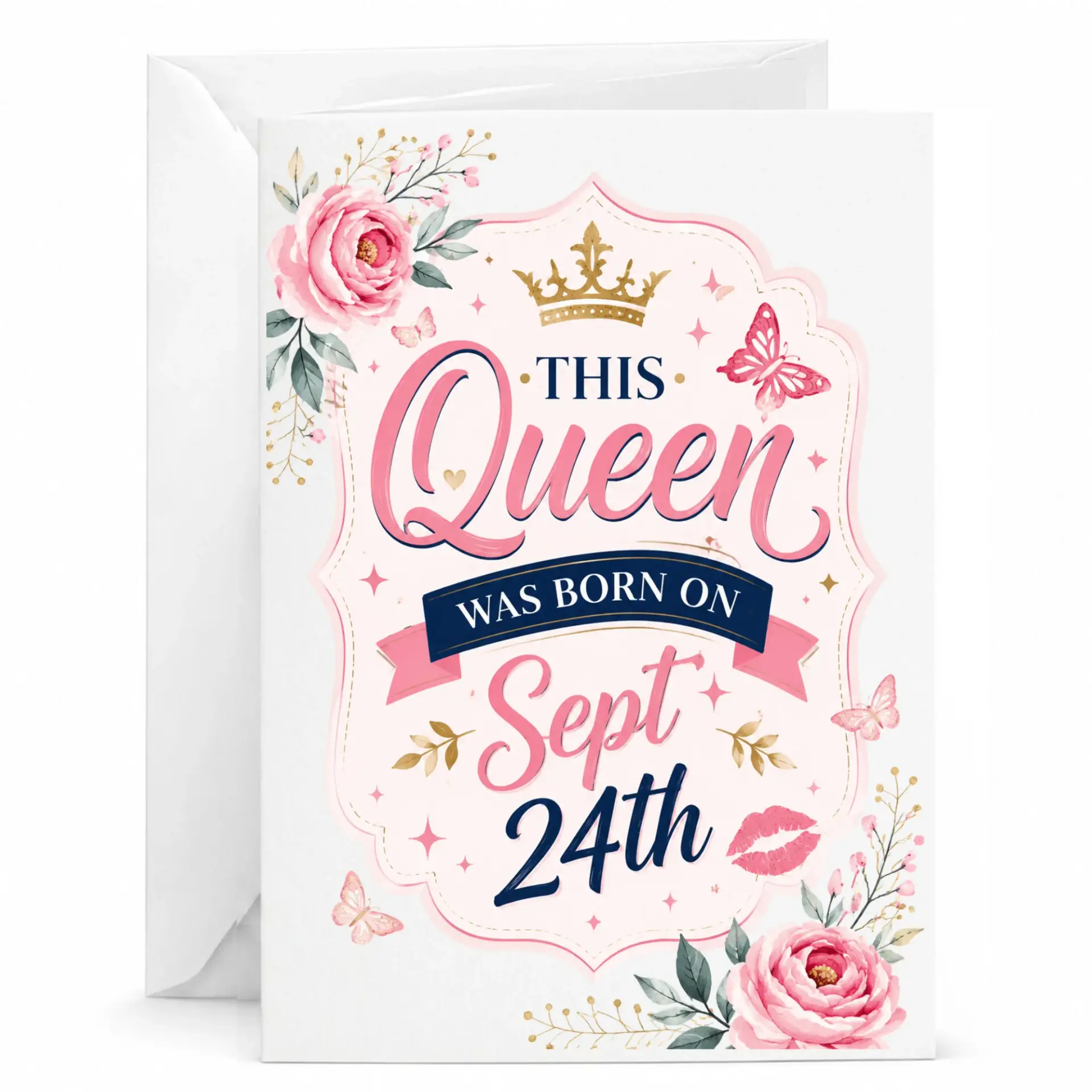 Greeting Card This Queen Was Born on Sept 24th Elegant Floral Design with Gold Crown and Butterfly Embellishments