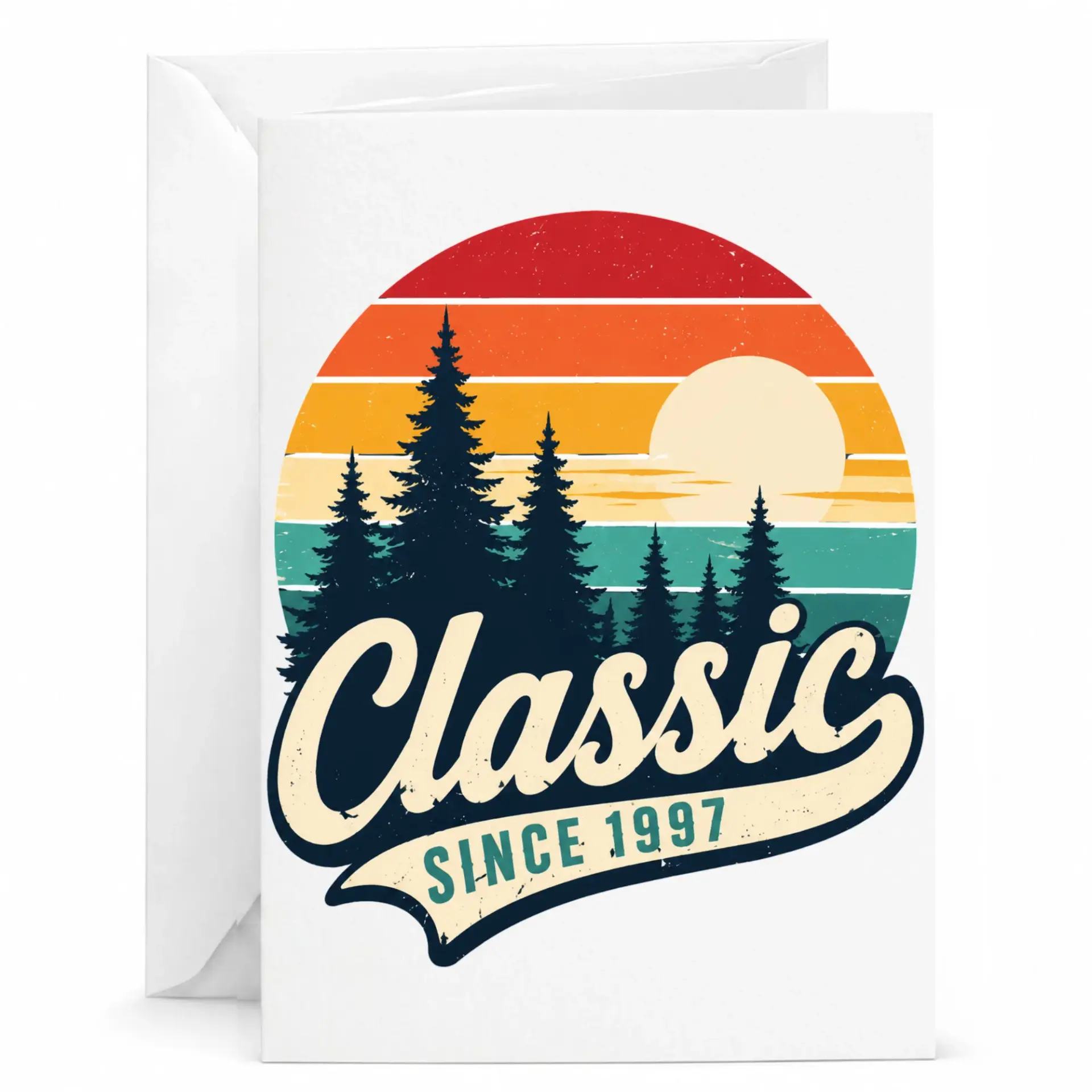 Greeting Card Classic Since 1997 Vintage Retro Sunset Forest Design Premium Paper Stationary for Special Occasions