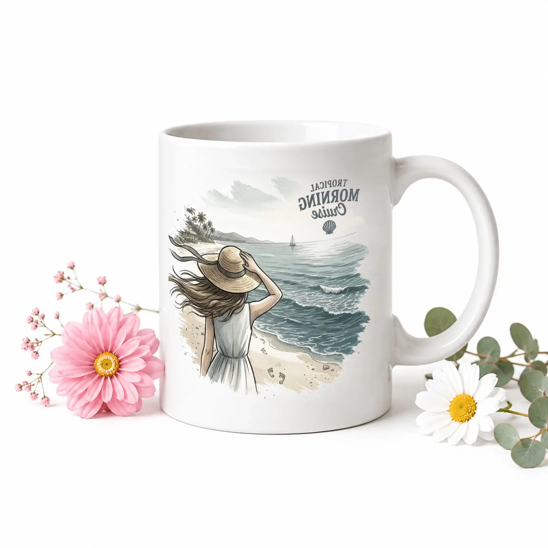 Tropical Morning Cruise Ceramic Coffee Mug with Blue Handle and Rim Beach Aesthetic Decorative Drinkware