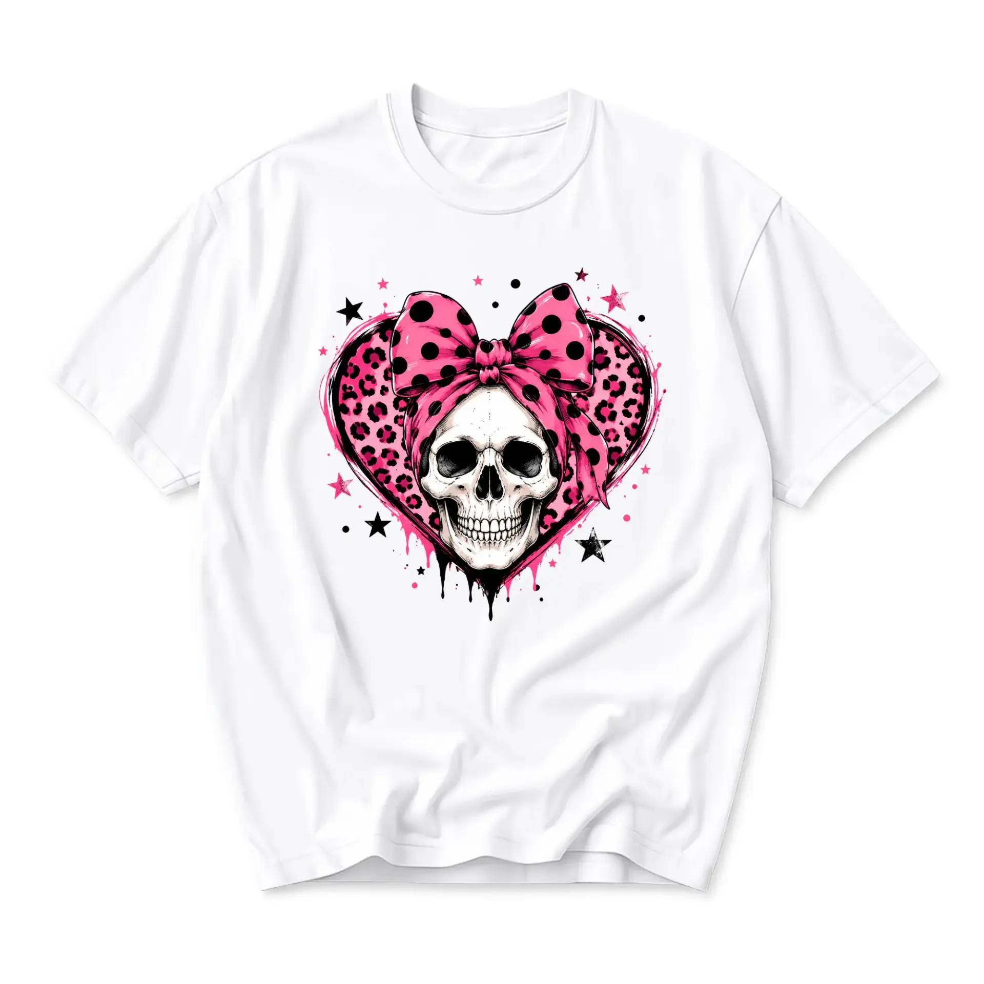 Graphic Tee Unisex Skull Heart Bow T-Shirt Pink Leopard Print Aesthetic Cotton Everyday Casual Fashion Summer Top