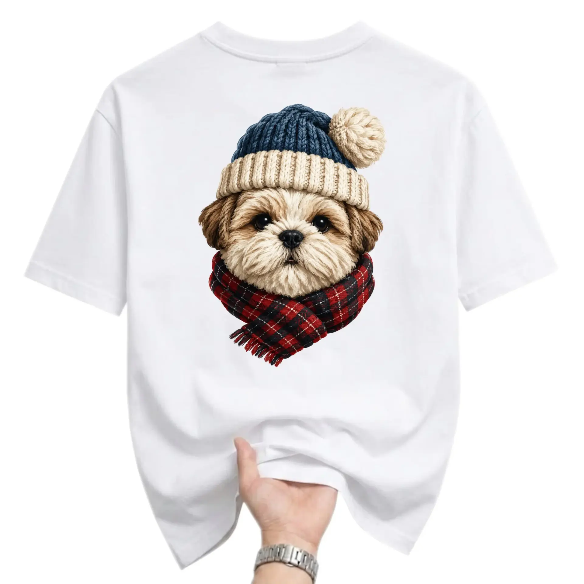 Graphic Tee Featuring Cute Shih Tzu Puppy Wearing a Hat and Plaid Scarf