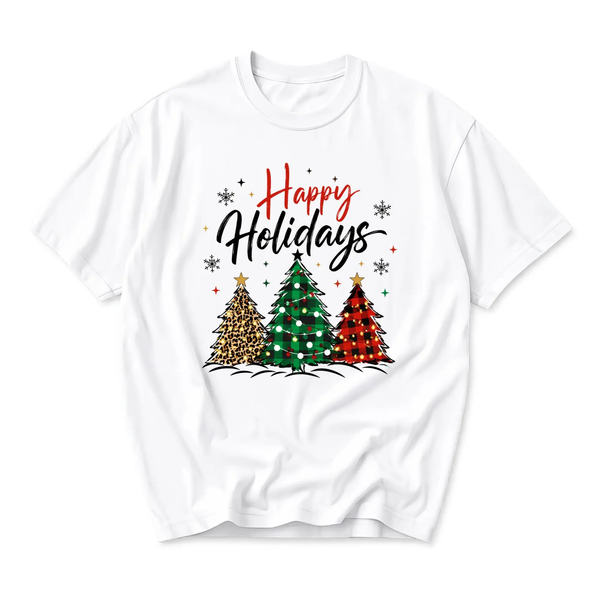 Graphic Tee Happy Holidays Christmas Tree Print Unisex Casual Crew Neck