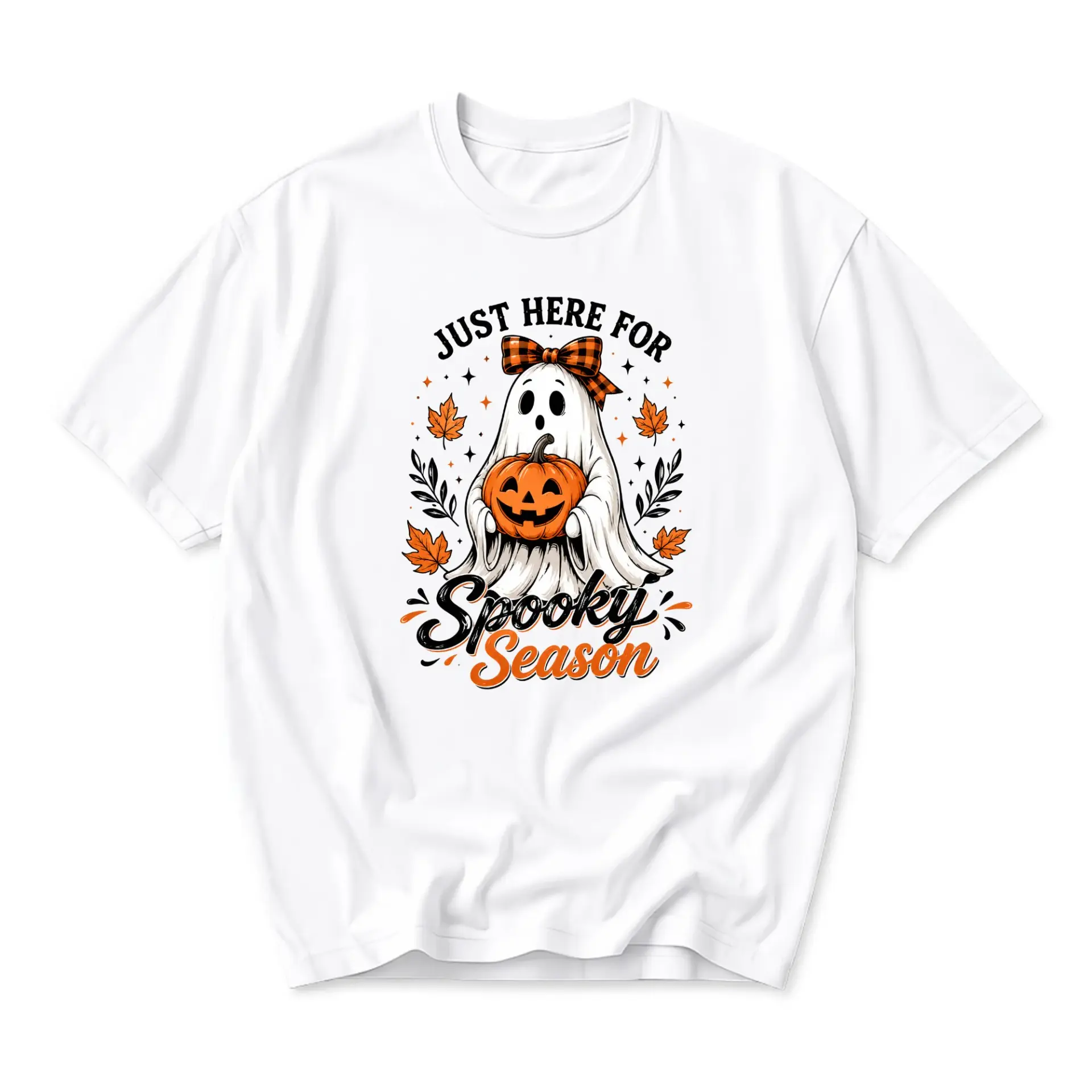 Graphic Tee Just Here for Spooky Season Cute Ghost Pumpkin Autumn Fall Festival Unisex Crew Neck White T-Shirt Top