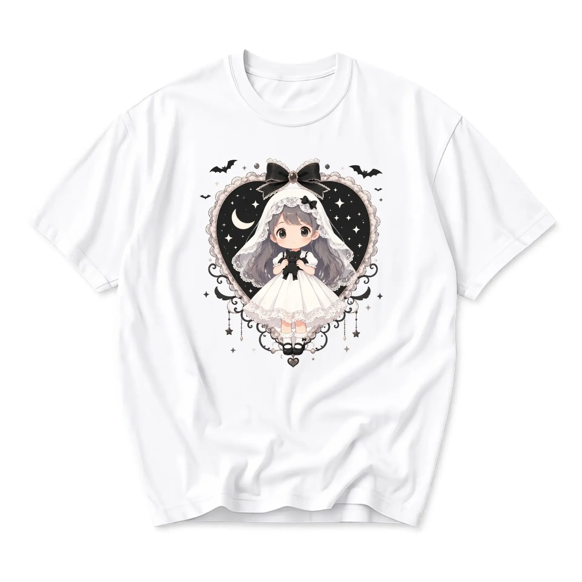 Graphic Tee Unisex Crew Neck T-Shirt Featuring Anime Inspired Gothic Lolita Girl Heart Frame Illustration Print