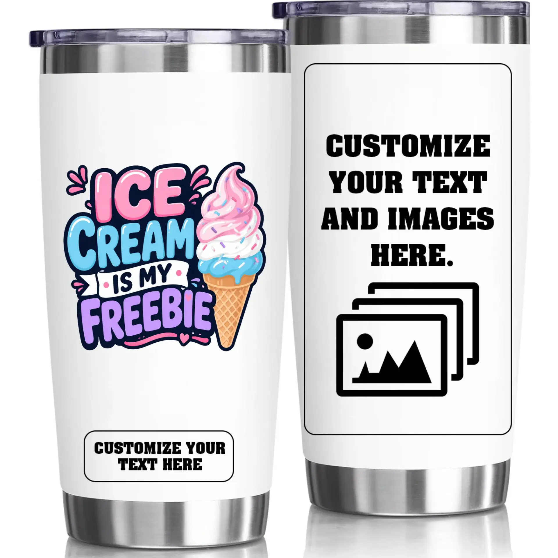 Stainless Steel Tumbler 20oz Insulated Cup Custom Design Ice Cream Graphic Travel Mug for Hot and Cold Beverages