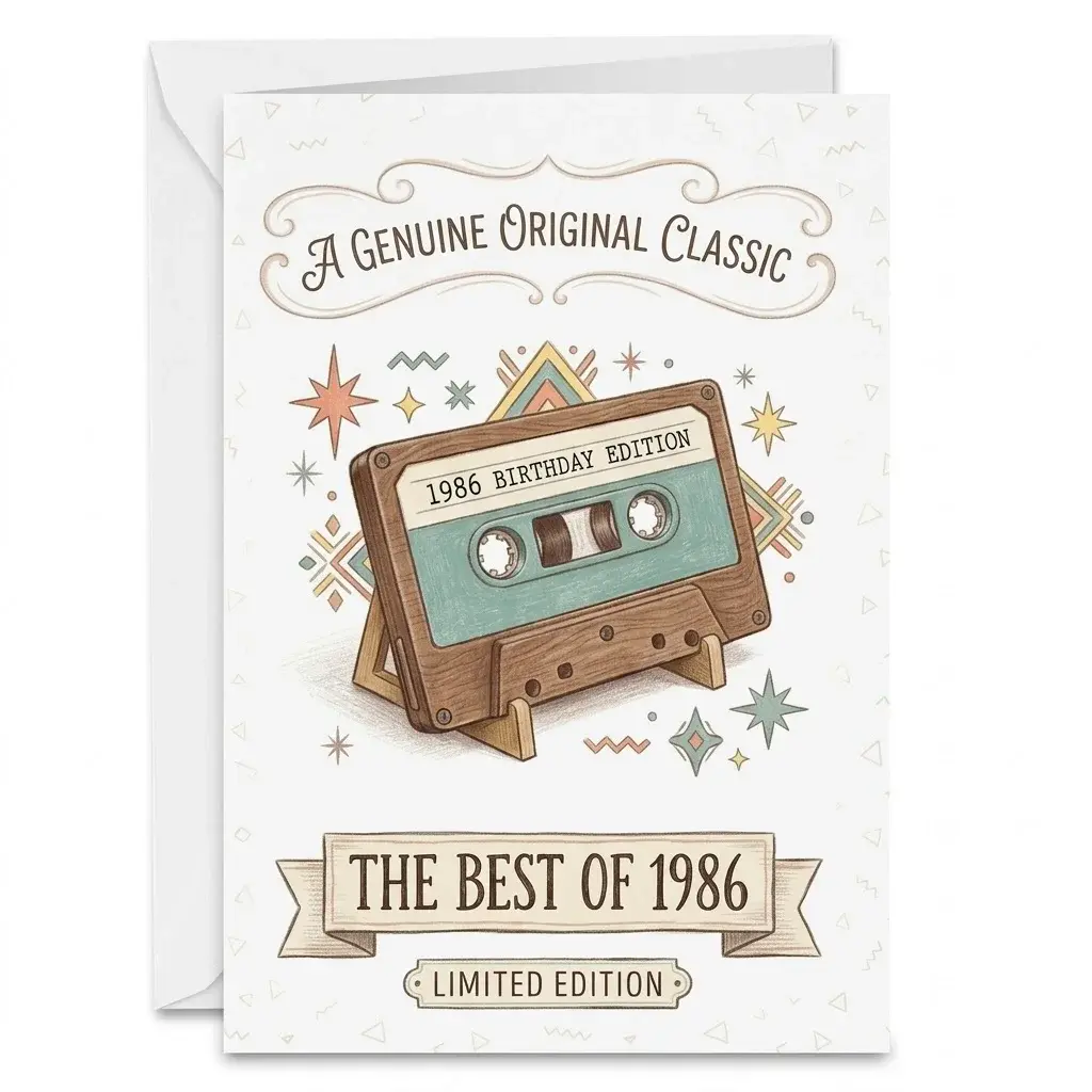 Vintage 1986 Cassette Tape Folded Greeting Card - Retro Birthday Edition 5x7 Inch