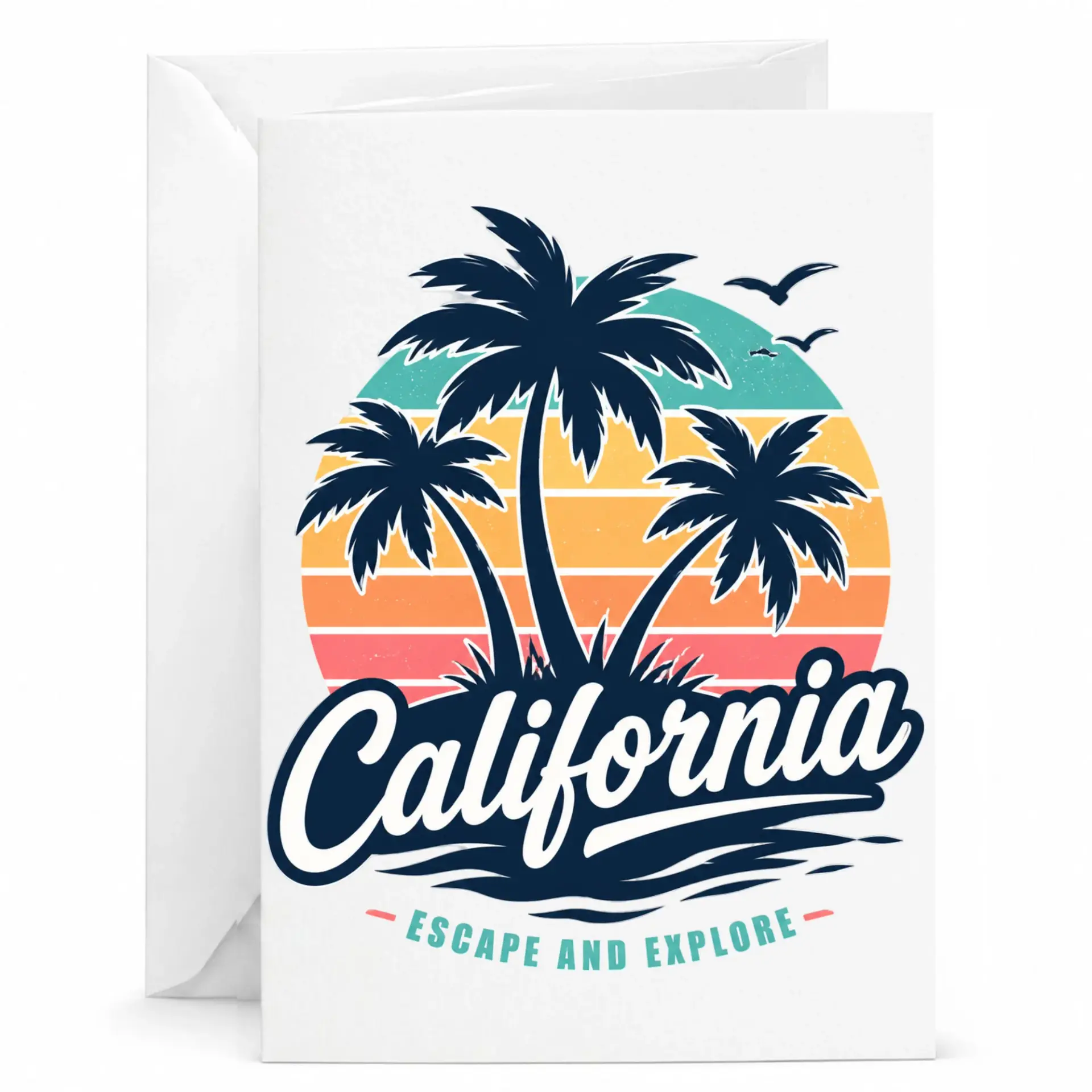 California Travel Themed Greeting Card Featuring Palm Trees and Retro Sunset Illustration for Vacation Lovers