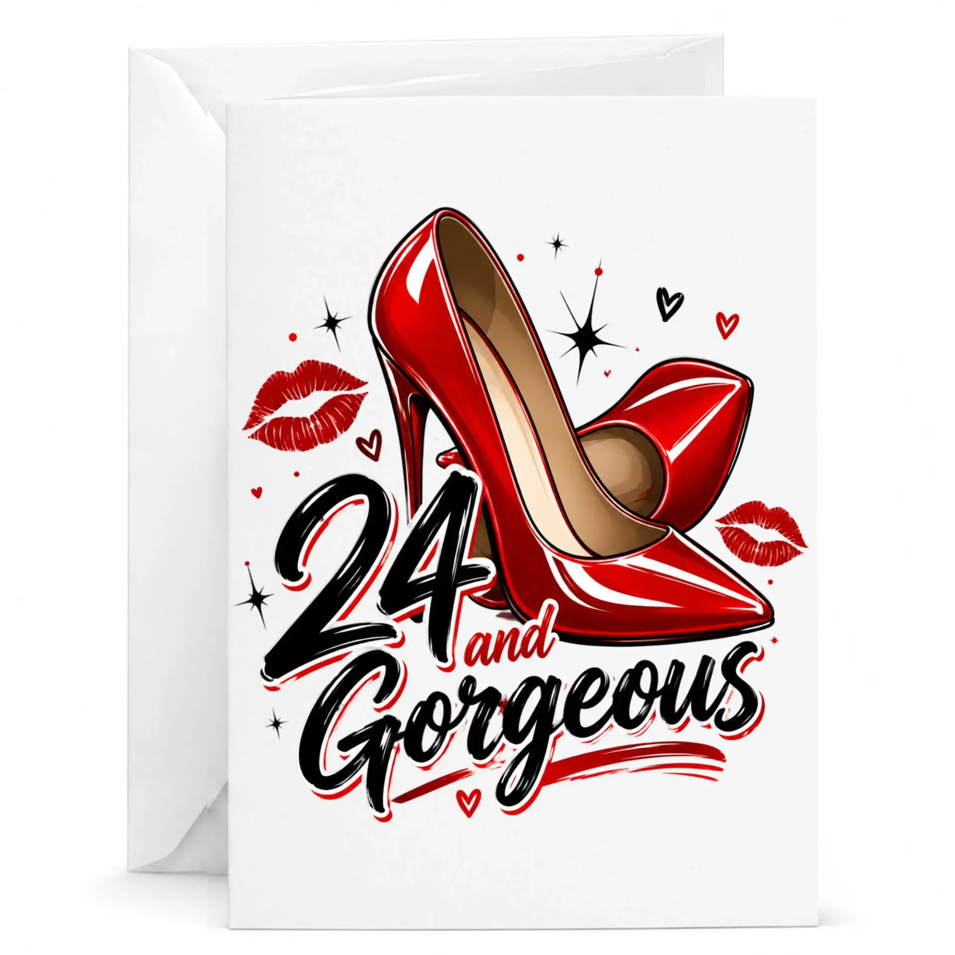Birthday Card 24 and Gorgeous Red High Heels Greeting Card for Her Fashion Themed Milestone Birthday Celebration