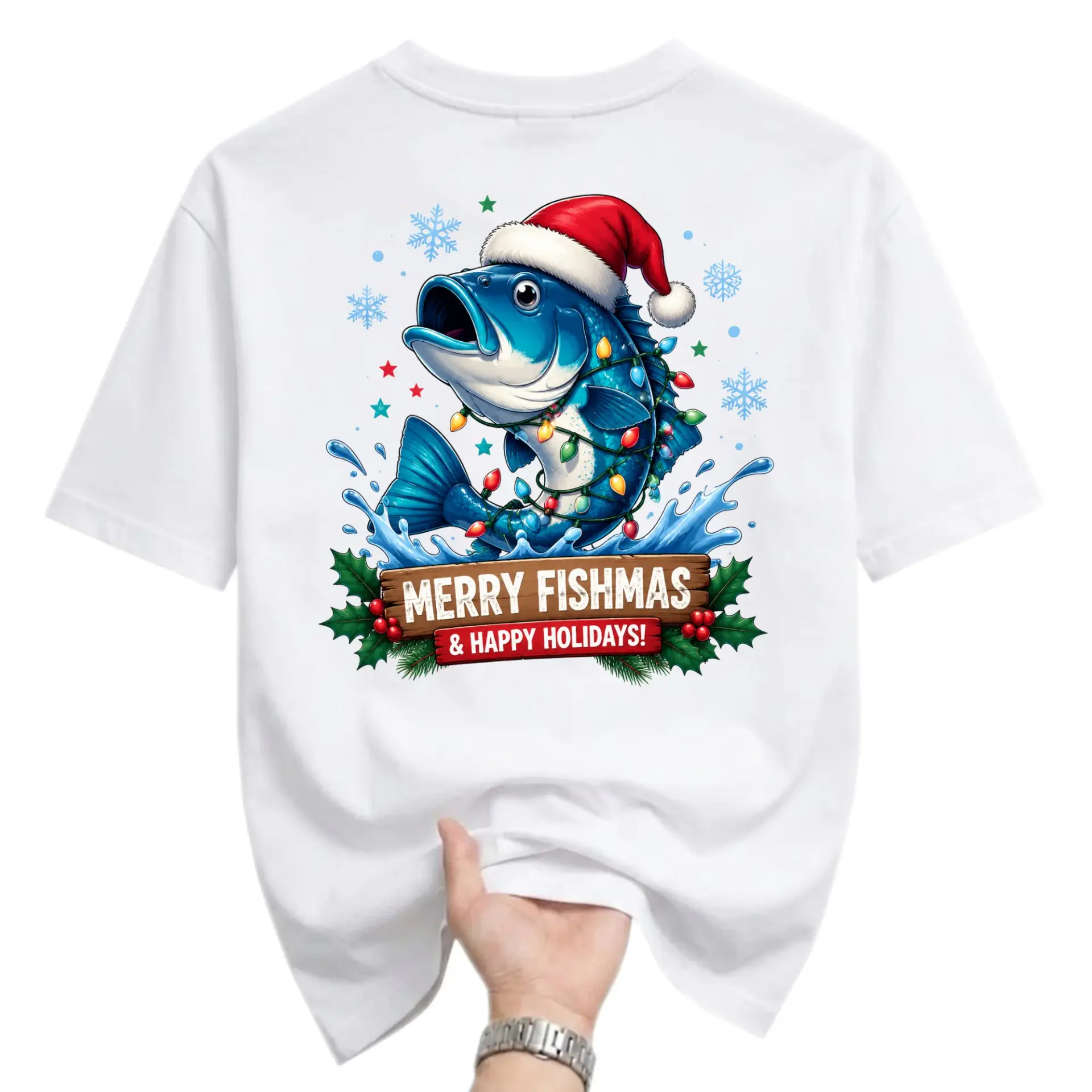 Funny Shirt Merry Fishmas Holiday Graphic Tee Featuring a Festive Fishing Theme with a Santa Hat Wearing Fish