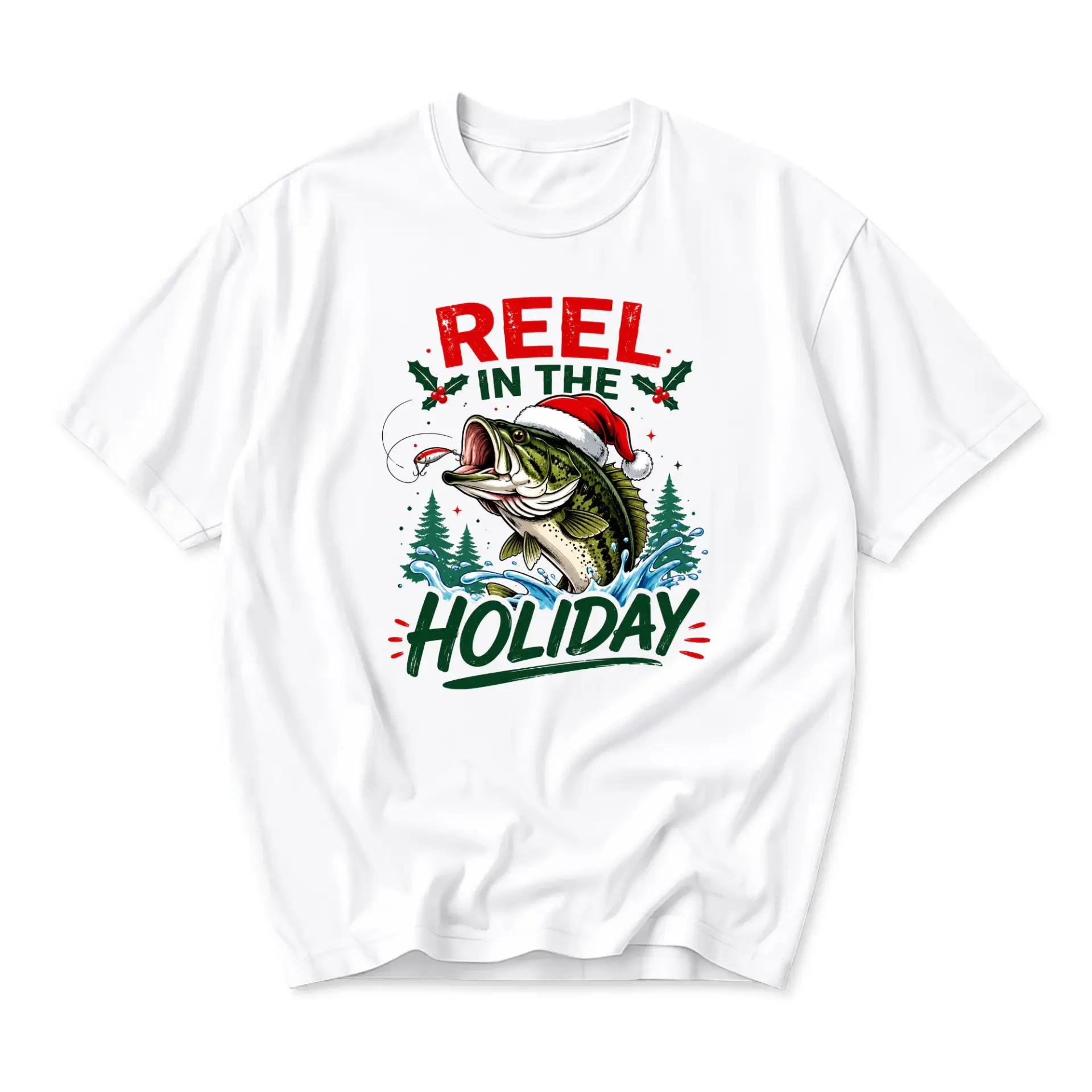 Funny Shirt Reel in the Holiday Fishing Graphic Tee Unisex Short Sleeve Crew Neck Casual Cotton Blend Apparel White