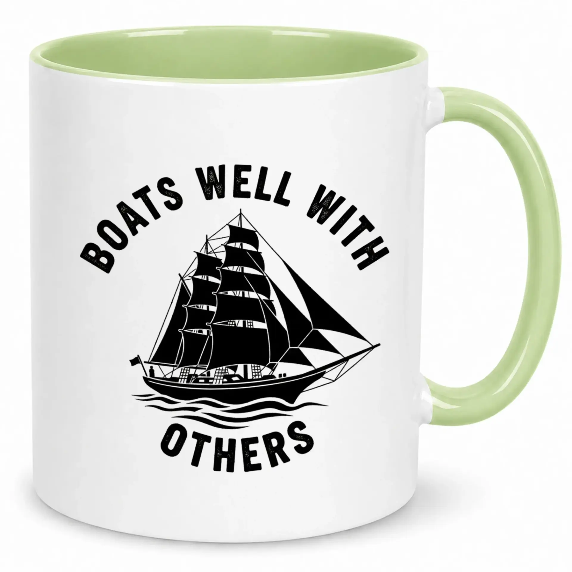 Funny Nautical Sailing Ship Pun Coffee Mug, Ceramic Tea Cup with 'boats Well with Others' Design, Unique Gift for Sailors & Coworkers