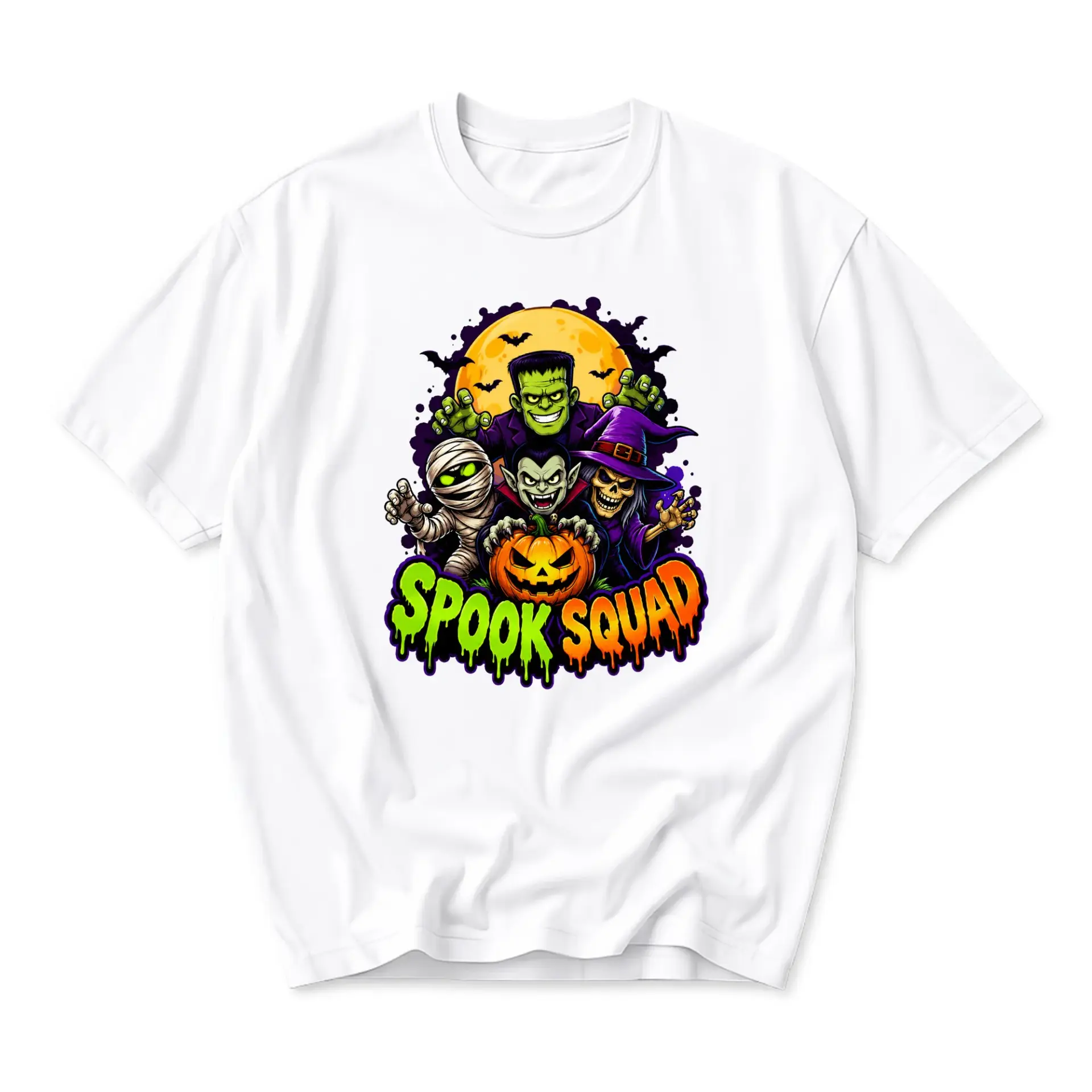 Graphic Tee Spook Squad Halloween Monster Crew Unisex Cotton Blend Everyday Casual Shirt for Seasonal Celebrations