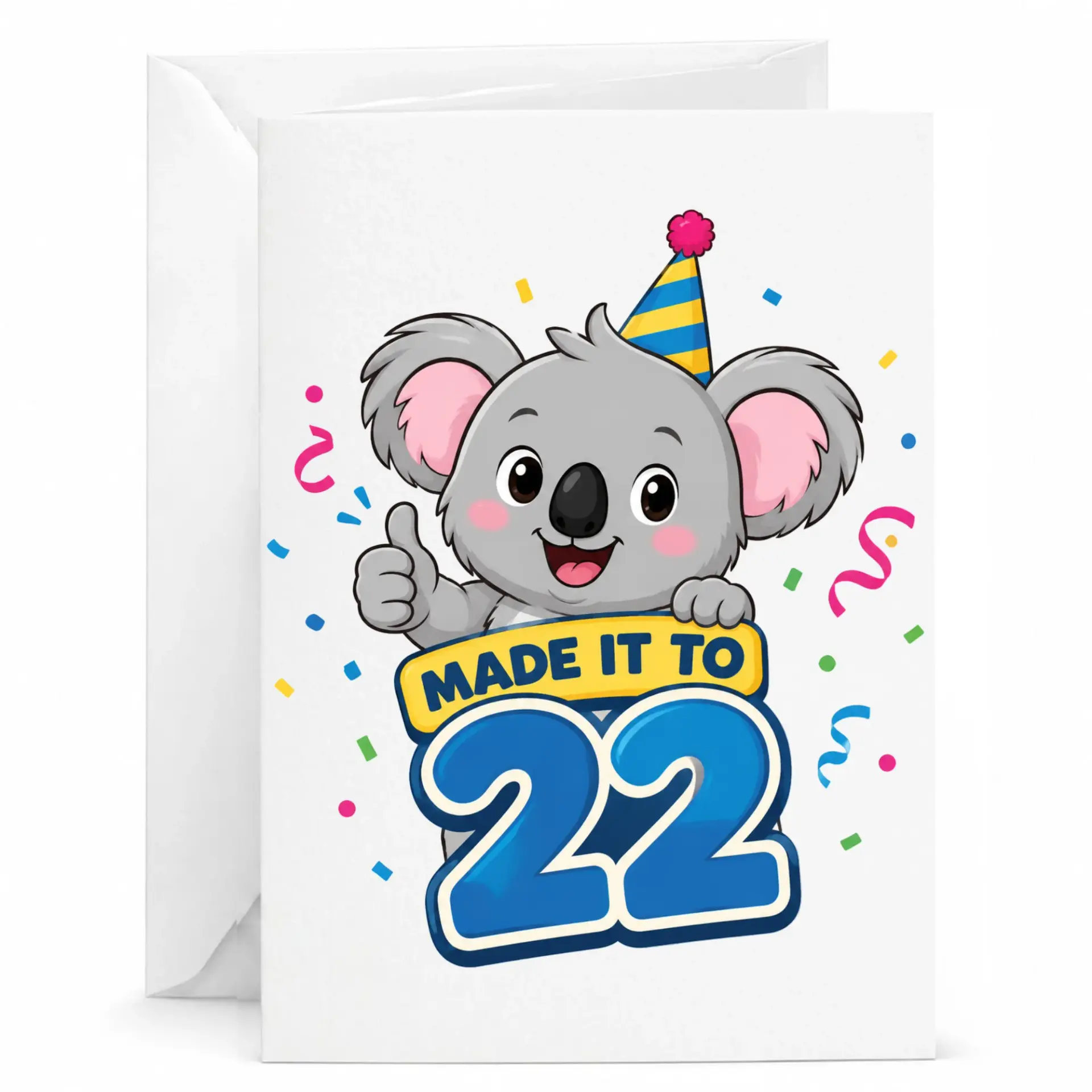 Funny Birthday Card Made It to 22 Featuring Cute Cartoon Koala Bear Design with Party Hat and Colorful Confetti