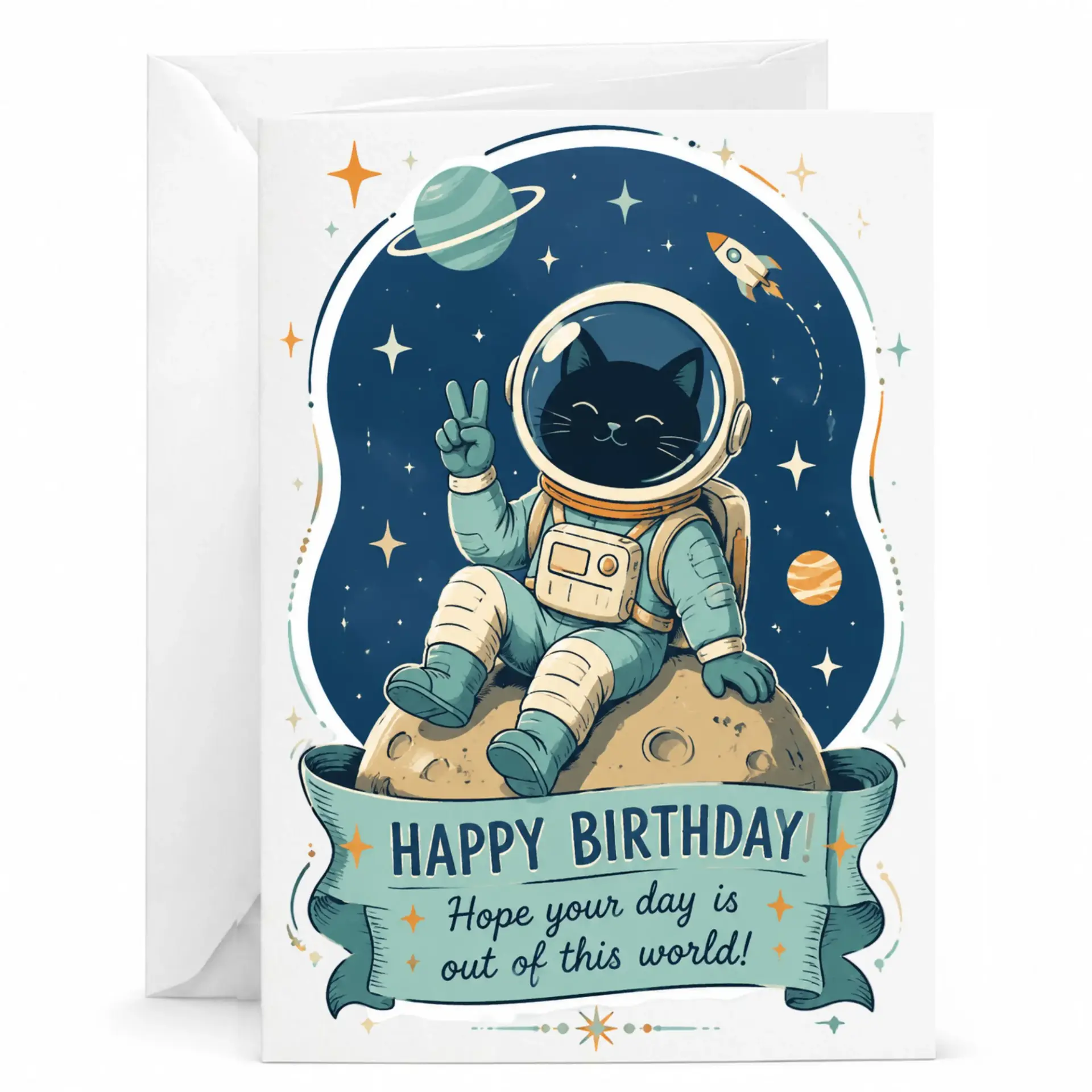 Birthday Card Featuring a Cute Cat Astronaut in Illustration with a Playful Out of This World