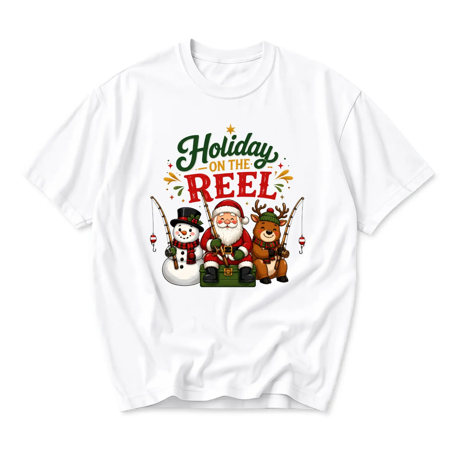 Graphic Tee Holiday on the Reel Fishing Santa Snowman Reindeer Seasonal