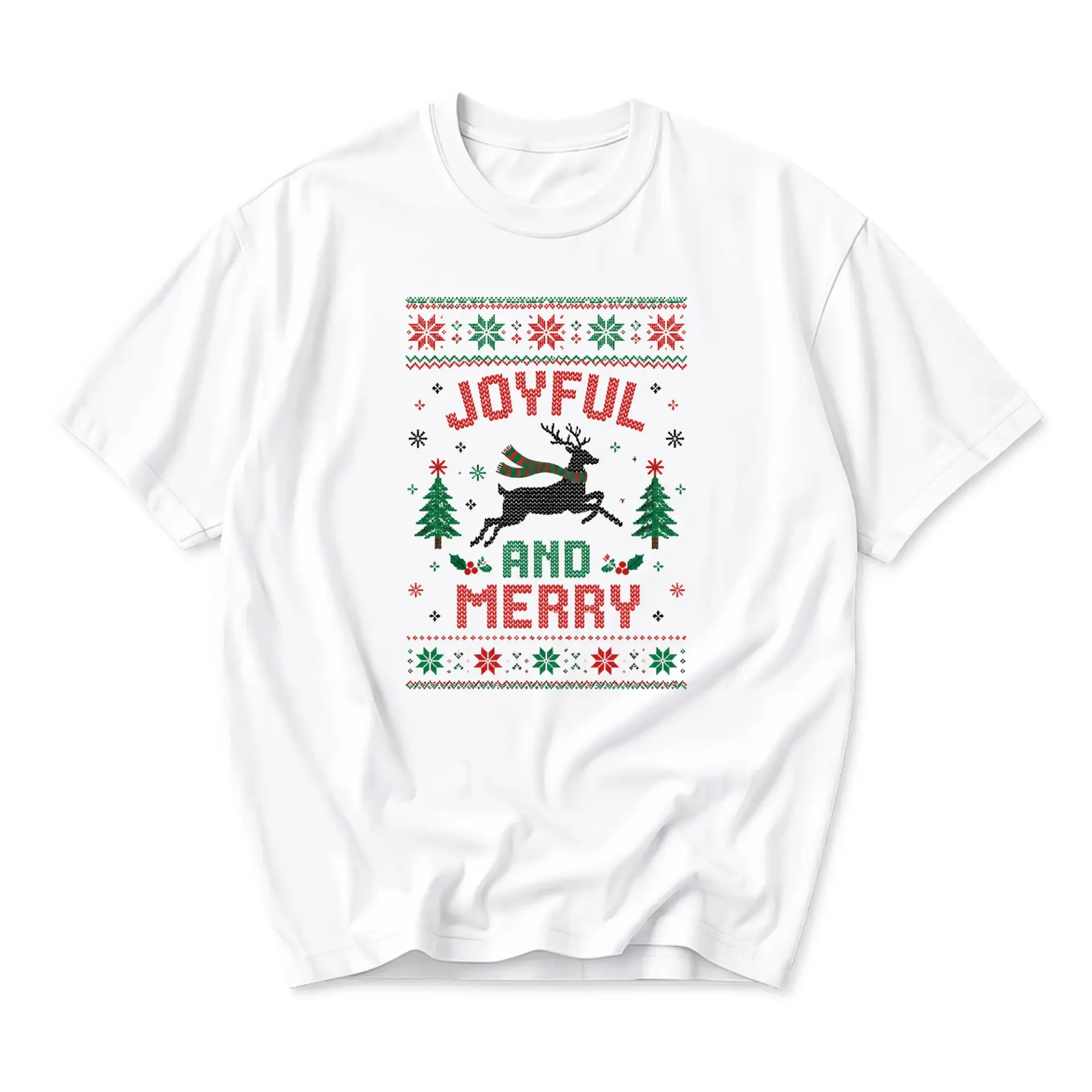 Graphic Tee Joyful and Merry Holiday Reindeer Print Unisex Crew Neck Casual Everyday Short Sleeve Cotton Blend Shirt