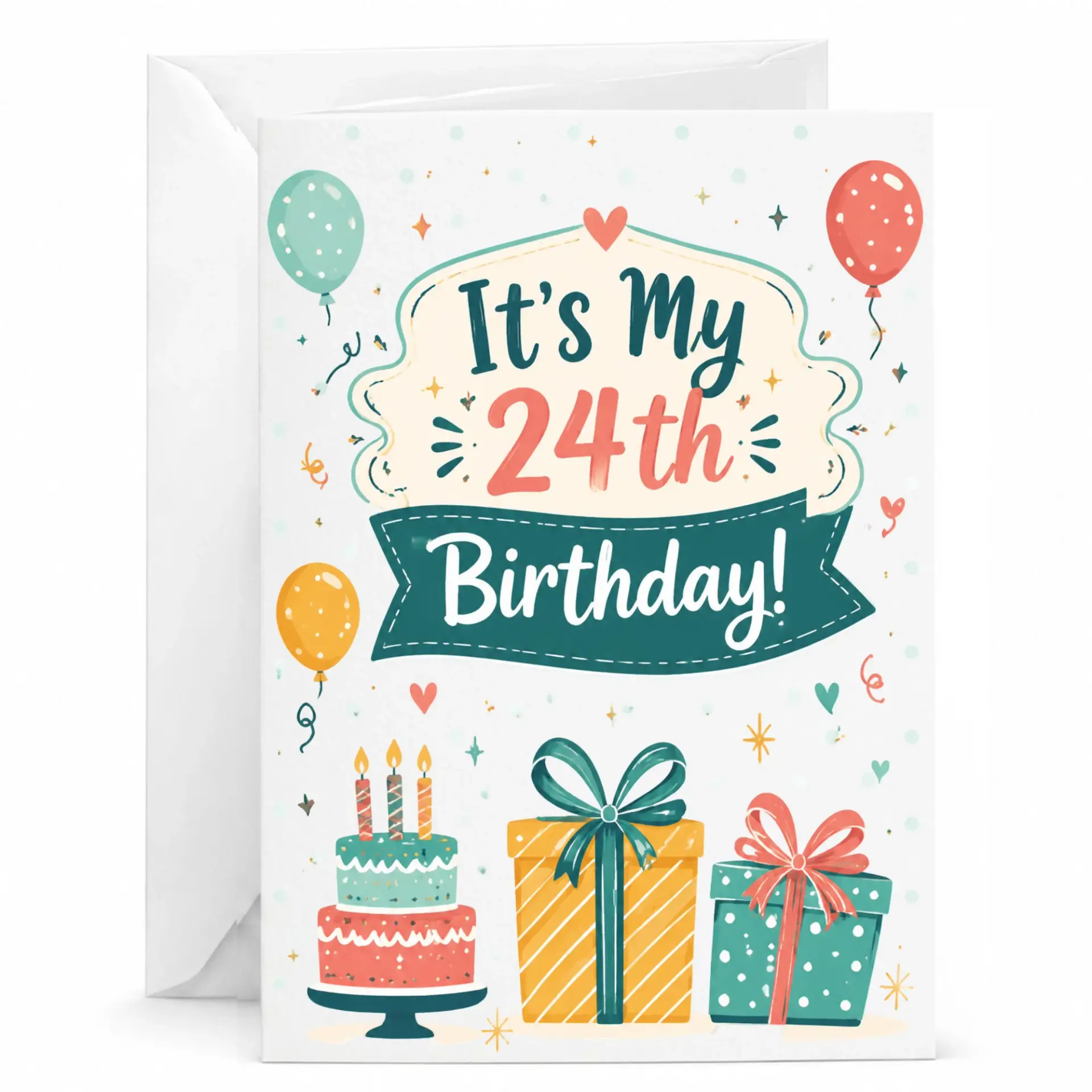 Birthday Card 24th Birthday Celebration Greeting Card with Festive Cake and Gift Box Design for Twenty Fourth Year