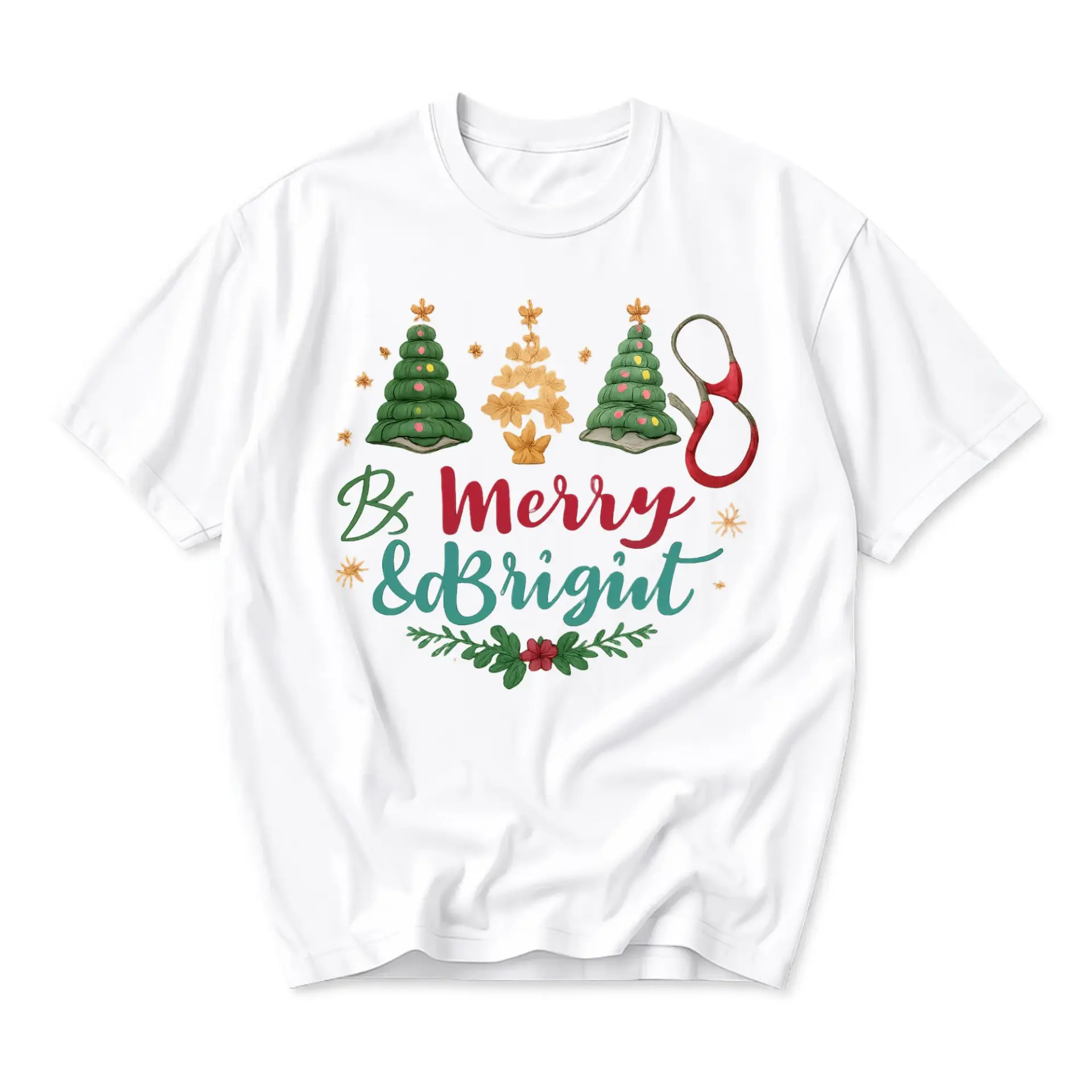 Graphic Tee Be Merry and Bright Christmas Medical Theme Unisex Crew Neck