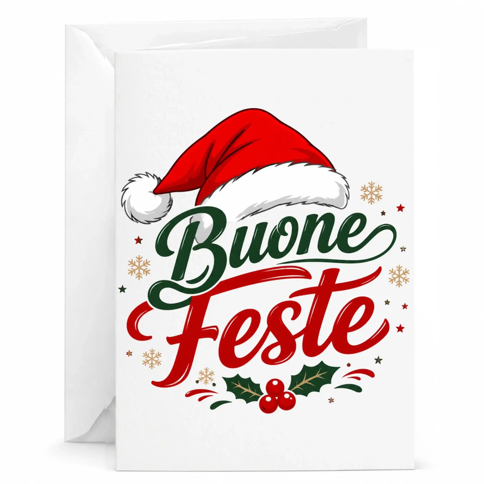 Holiday Greeting Card Buone Feste Design with Santa Hat and Festive Winter Elements for Season Greetings