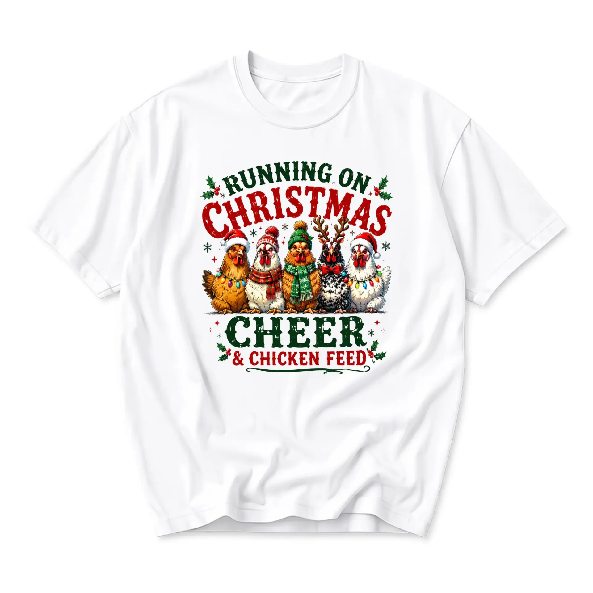 Funny Shirt Running on Christmas Cheer and Chicken Feed Graphic Tee Festive