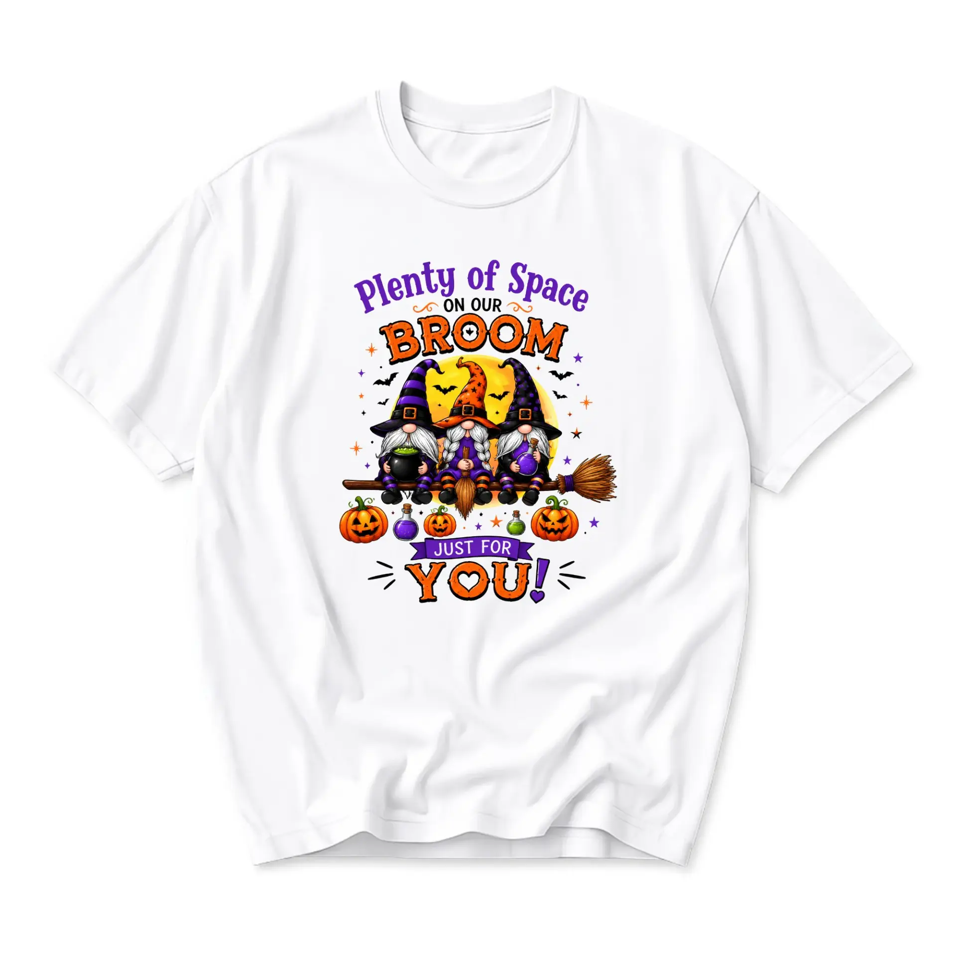 Funny Shirt Plenty of Space on Our Broom Graphic Tee Halloween Witch Gnomes Unisex Casual Crew Neck Soft Cotton