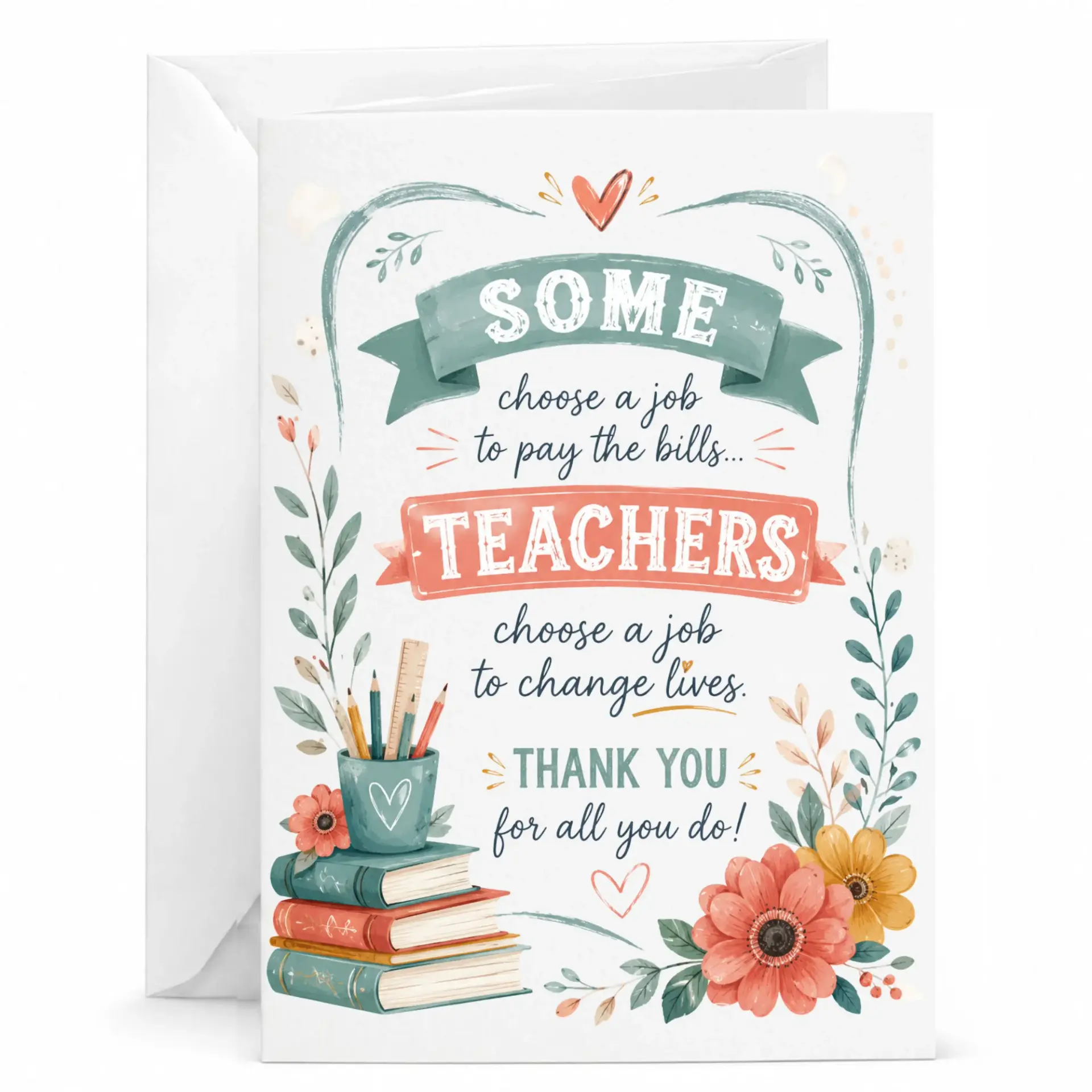 Card for Teacher with Watercolor Flowers and Book Design Appreciation Greeting 5x7 Inches