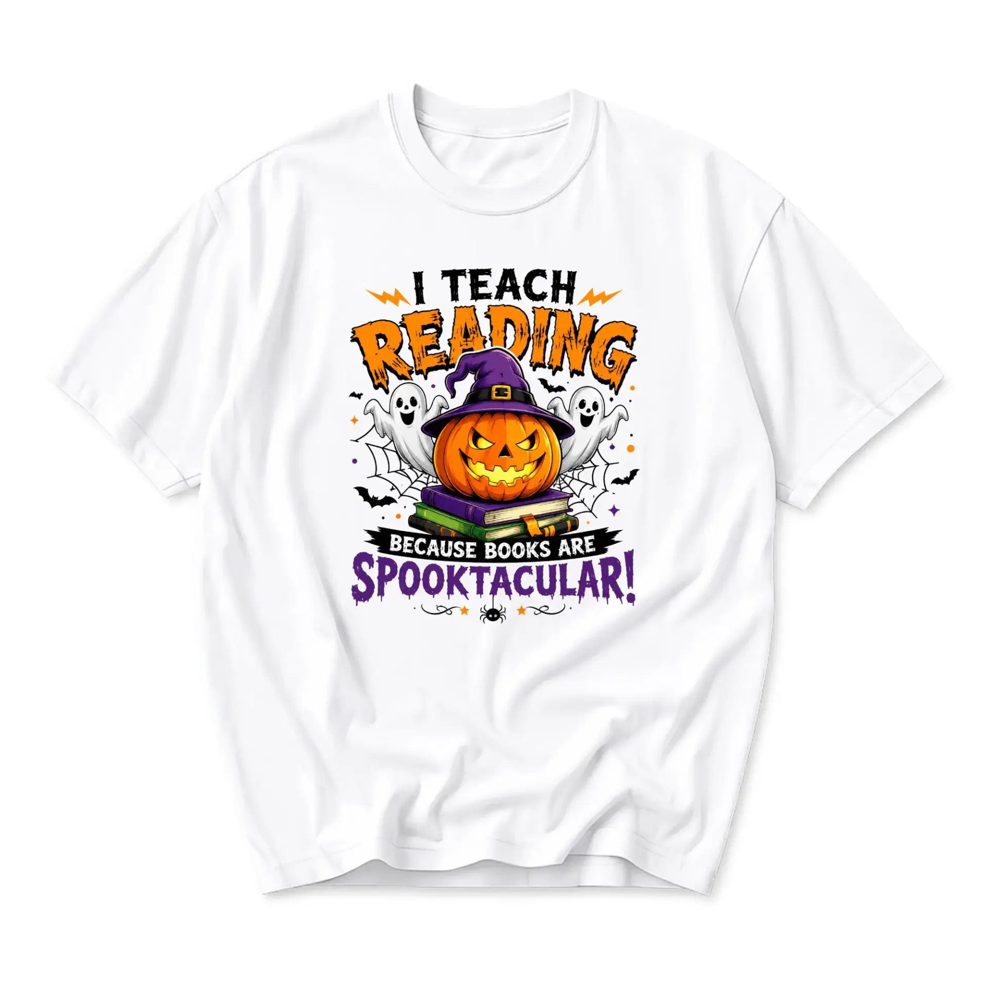 Funny Shirt I Teach Reading Because Books Are Spooktacular Halloween Graphic Tee Unisex Crew Neck Casual Cotton Top