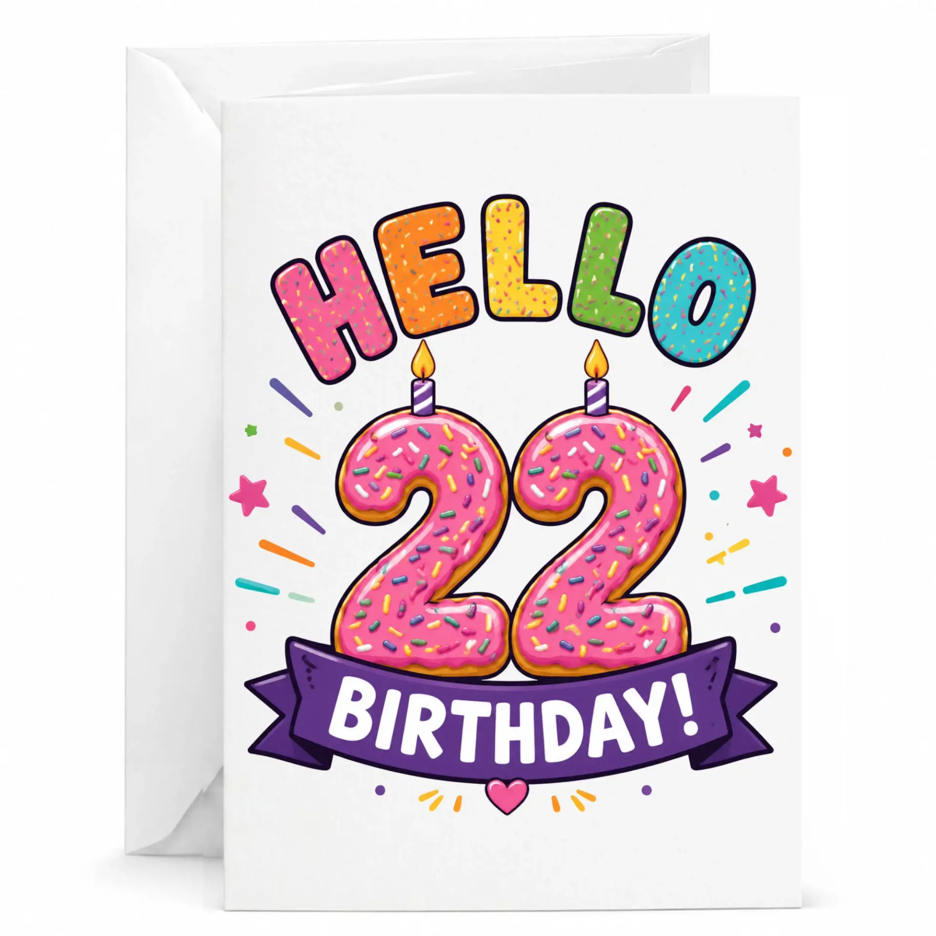 Birthday Card Hello 22nd Birthday Donut Themed Greeting Card for Twenty-Second Birthday Celebration with Matching Envelope