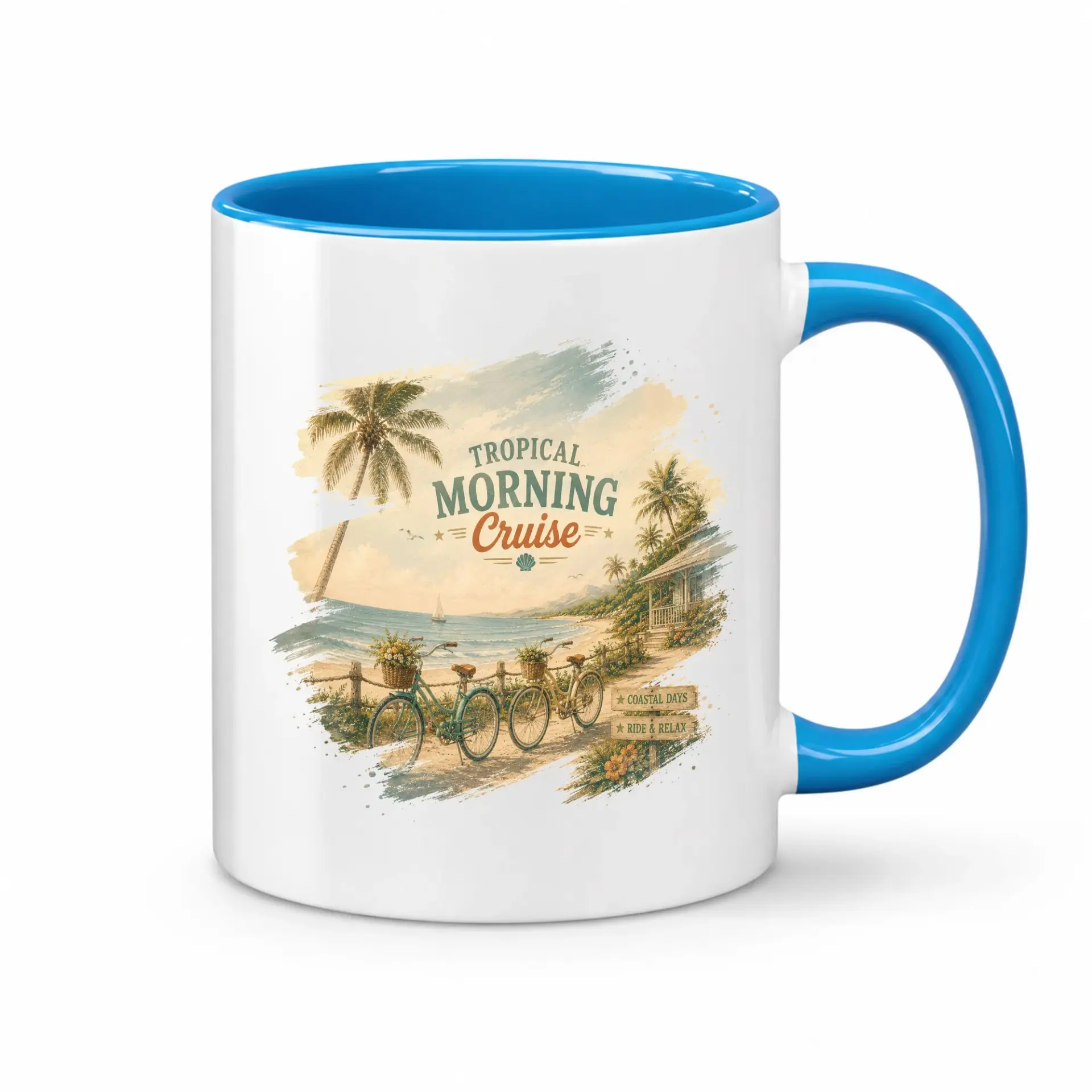 Tropical Morning Cruise Coffee Mug Ceramic Beverage Cup with Scenic Beach Bicycle Two Blue Handle Design
