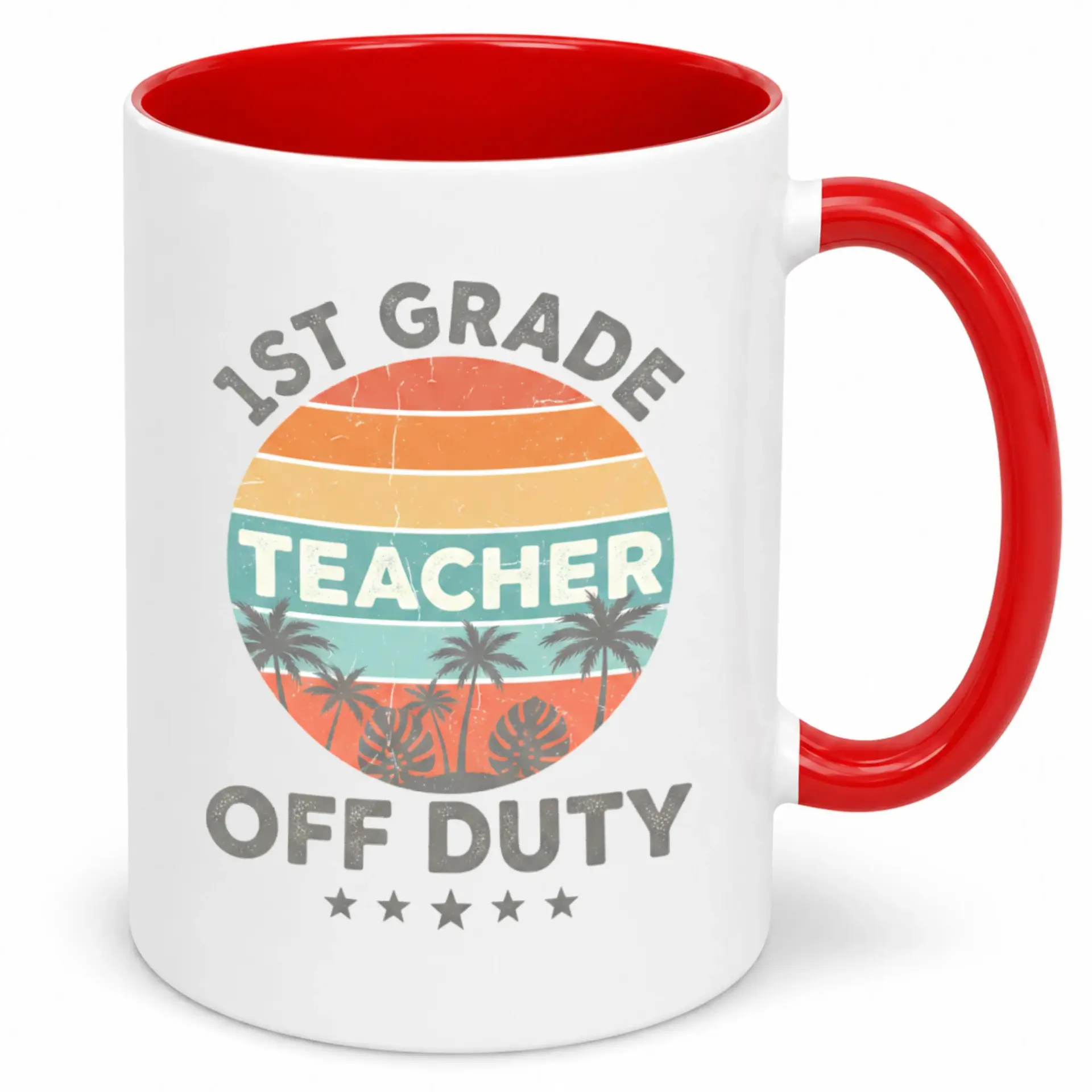 Funny 1st Grade Teacher Off Duty Coffee Mug, White Ceramic Cup with Red Handle and Palm Tree Sunset Design, Ideal Thank You Appreciation Gift