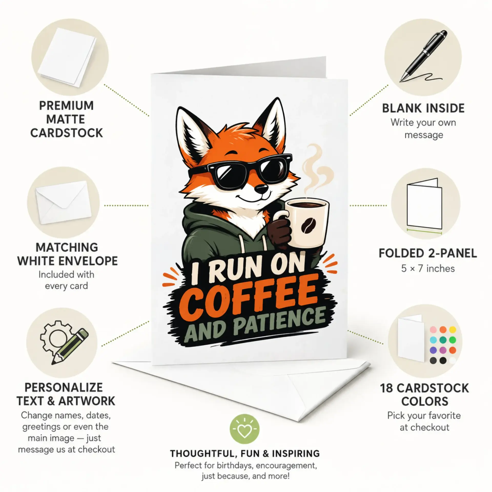 Funny Fox Greeting Card I Run on Coffee and Patience Cute Animal Coffee Lover Stationery for Any Occasion 5x7