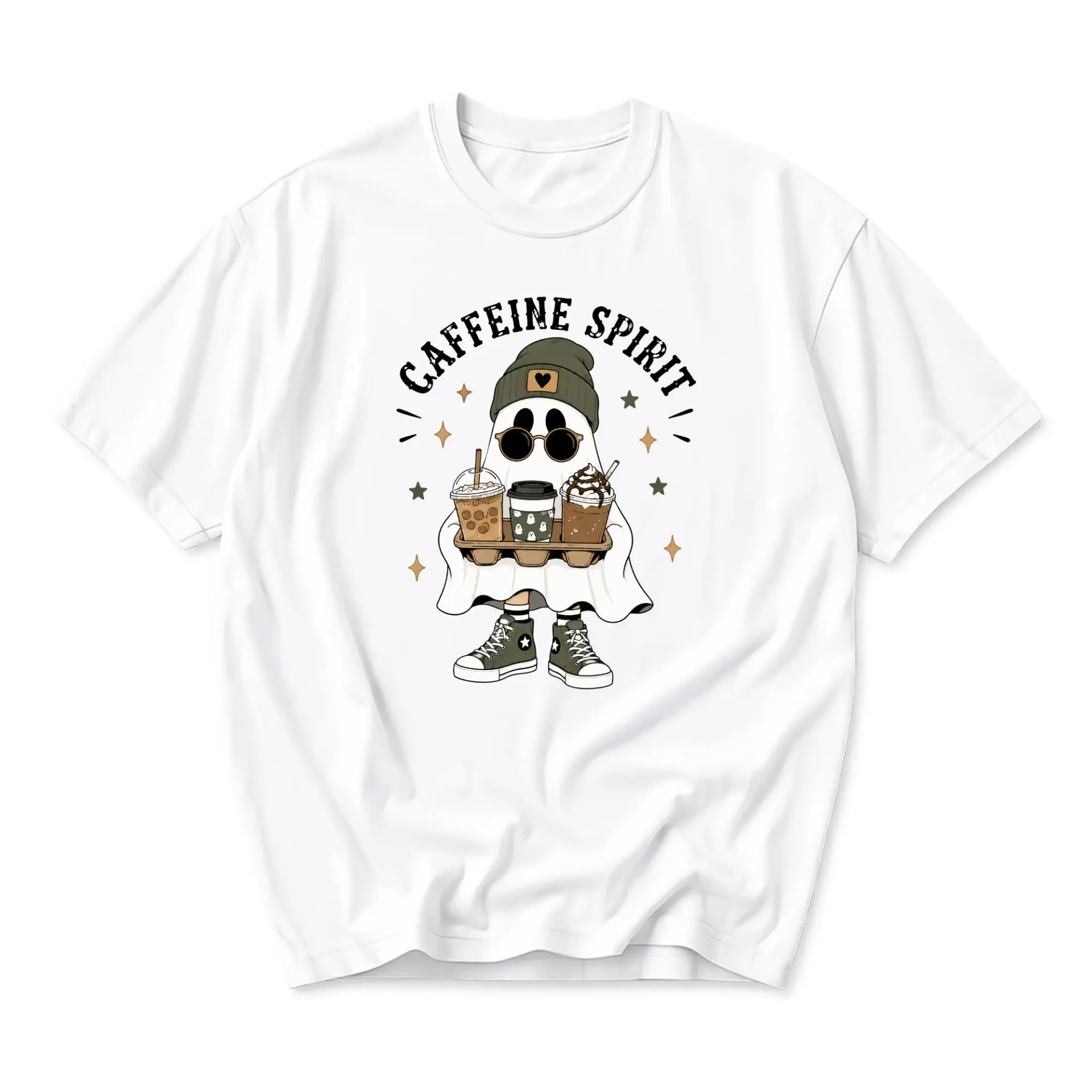 Funny Shirt Caffeine Spirit Ghost Graphic Tee Casual Unisex Crew Neck Short Sleeve Top for Everyday Style and Comfort