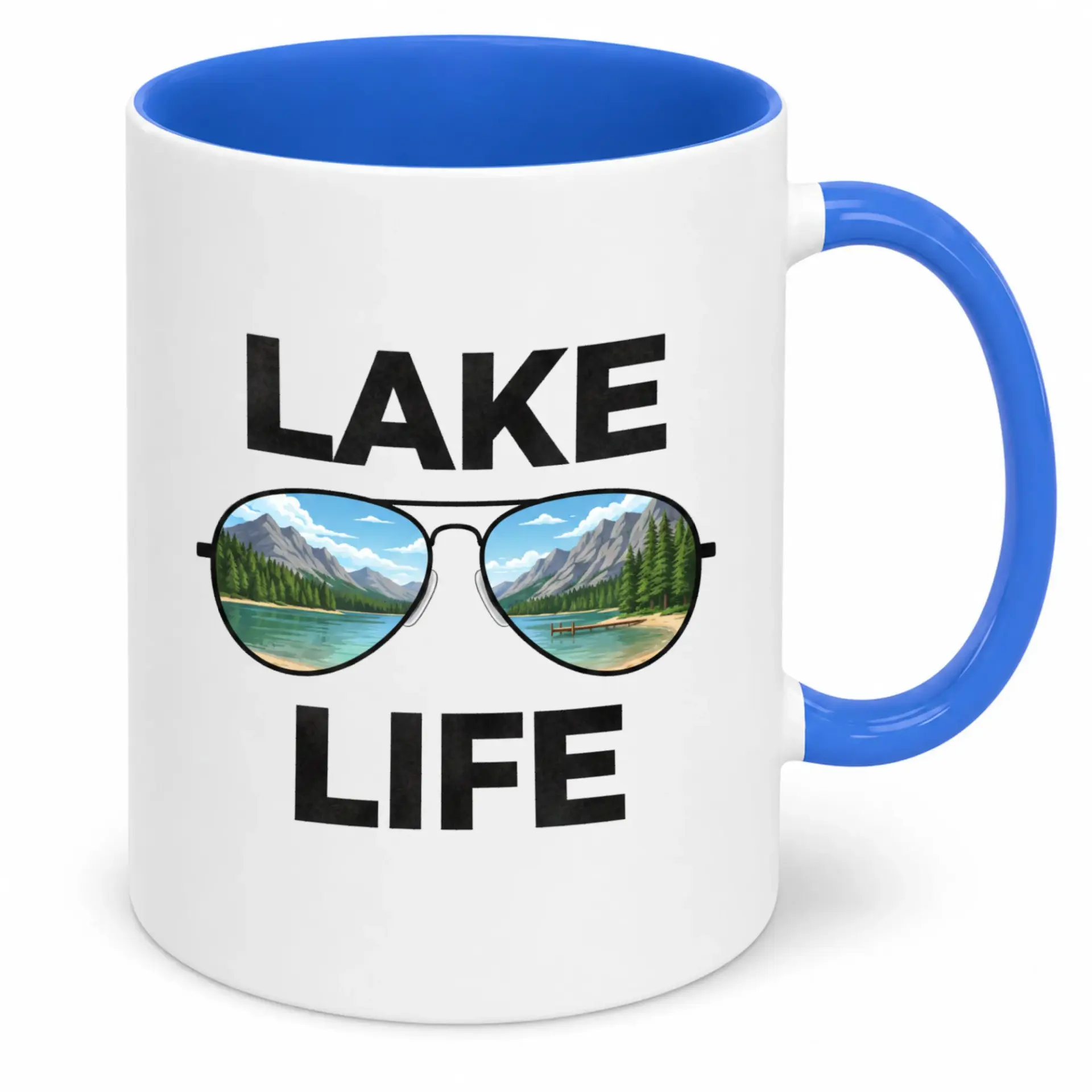 Coffee Mug Lake Life Aviator Sunglasses Design, Scenic Mountain Lake Landscape Ceramic Cup, Outdoor Nature Theme Drinkware Gift